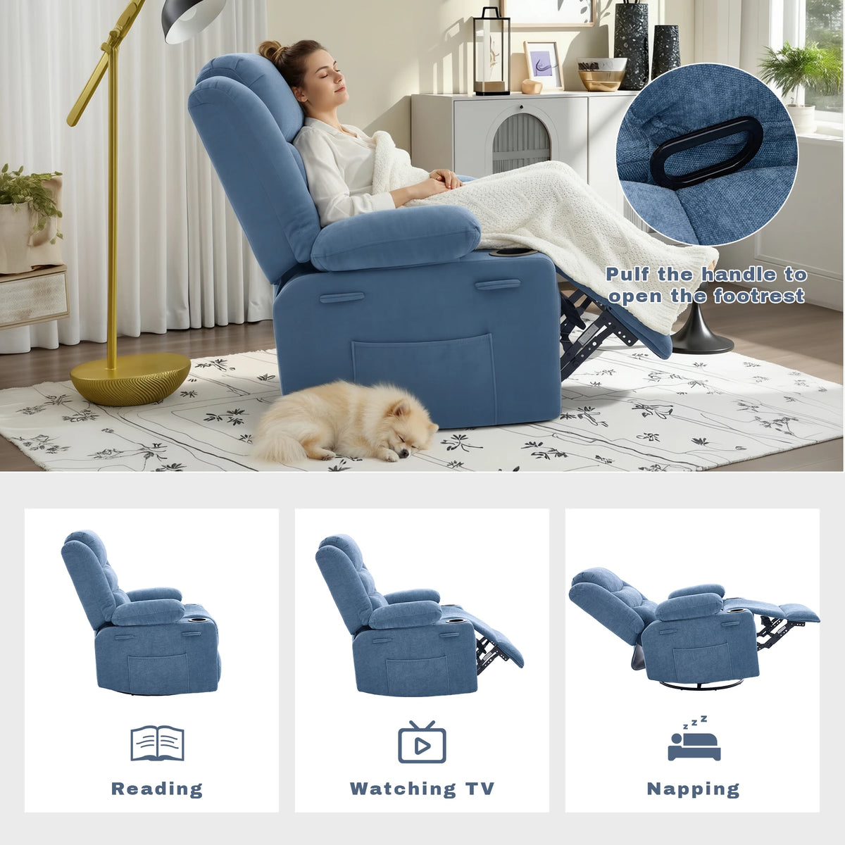 Soft Chenille Upholstered Swivel Rocker Recliner Chair, Manual Pull Reclining Sofa Chair with Storage Pockets for Relaxing Napping Watching TV at Home