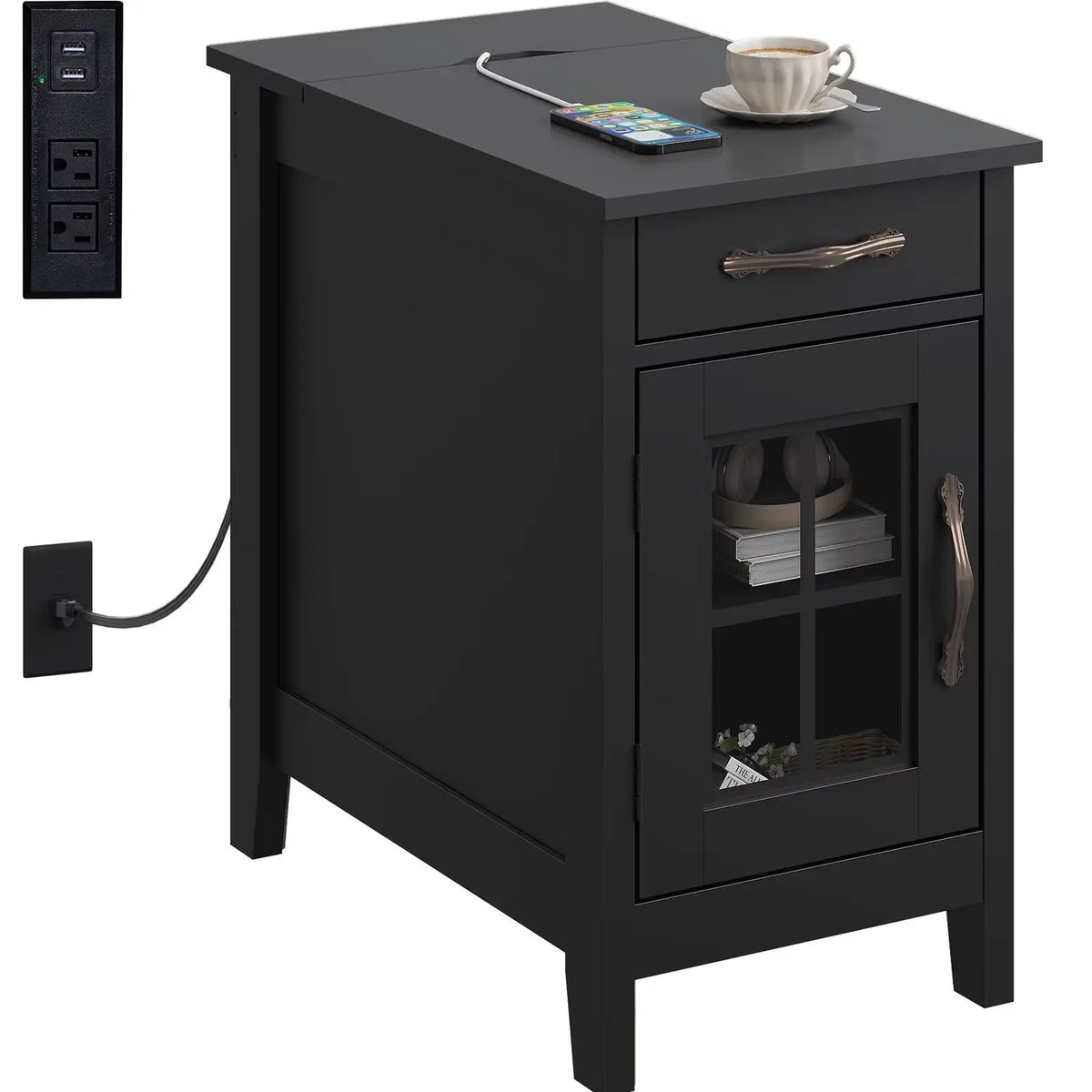Galaxhero Wooden End Table With Charging Station And Storage