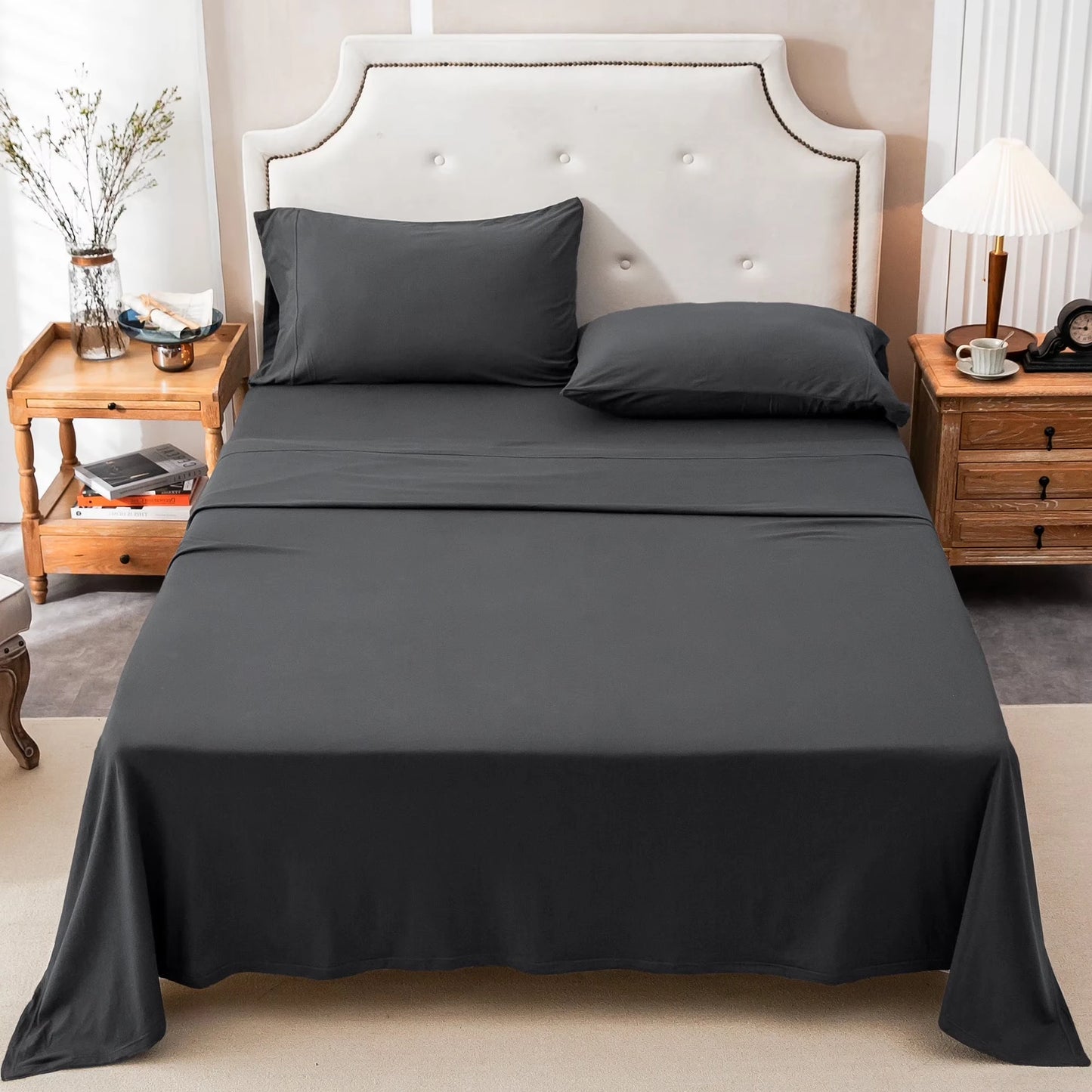 4-Piece 100% Cotton Jersey Knit Sheet Set – Ultra Soft & Breathable Bedding Set with Deep Pocket Fitted Sheet, Flat Sheet & 2 Pillowcases(Without Core) – Wrinkle Free, Machine Washable, Secure Fit & Cozy Comfort for A