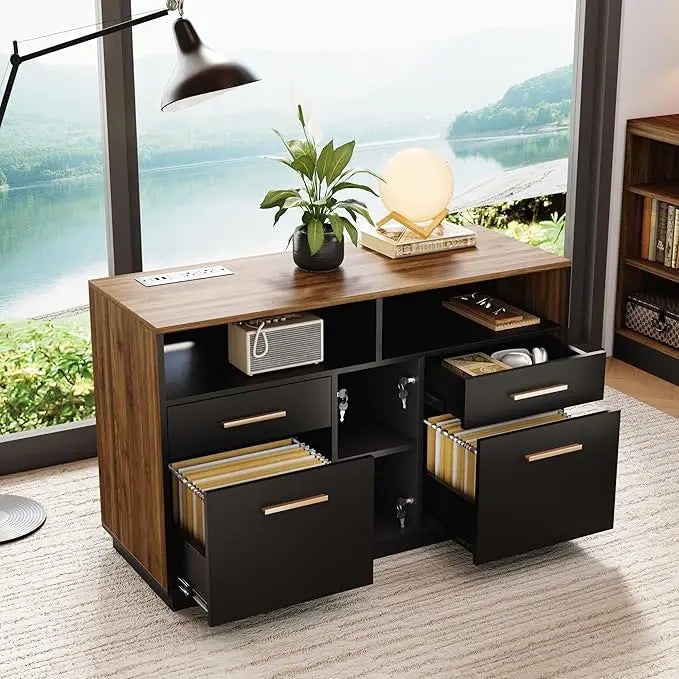 Four Drawer Wooden Filing Cabinet With Lock Power Outlet
