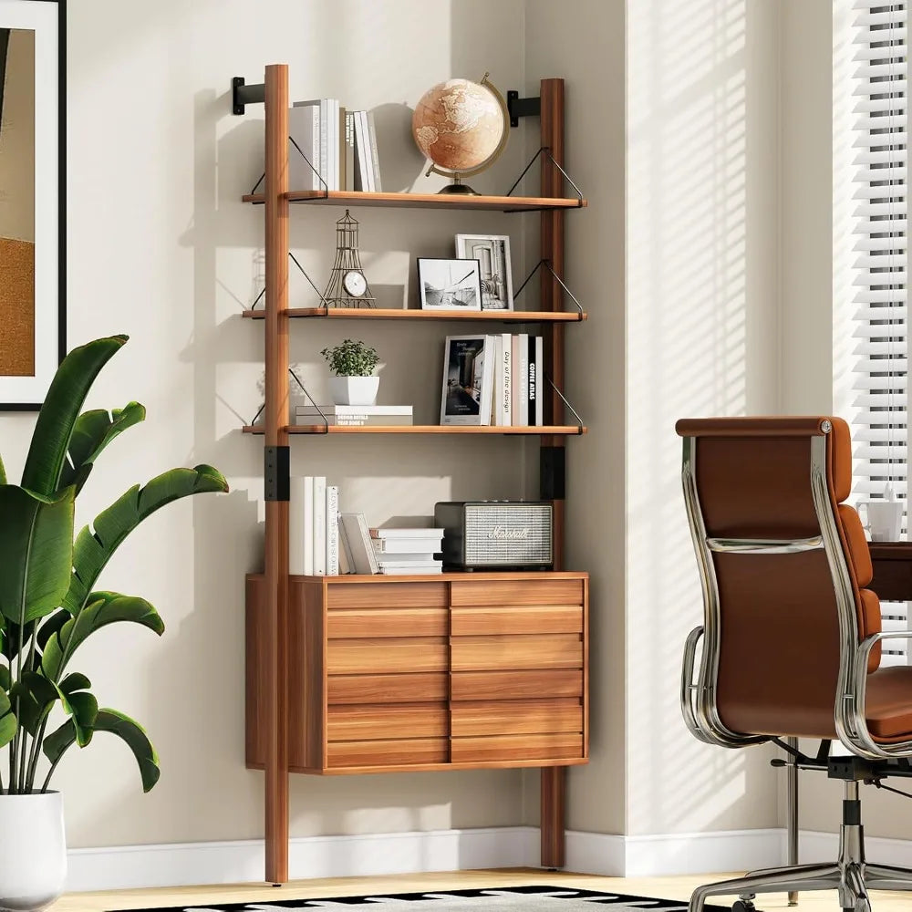 Mid Century Modern Ladder Bookshelf With Storage Cabinet