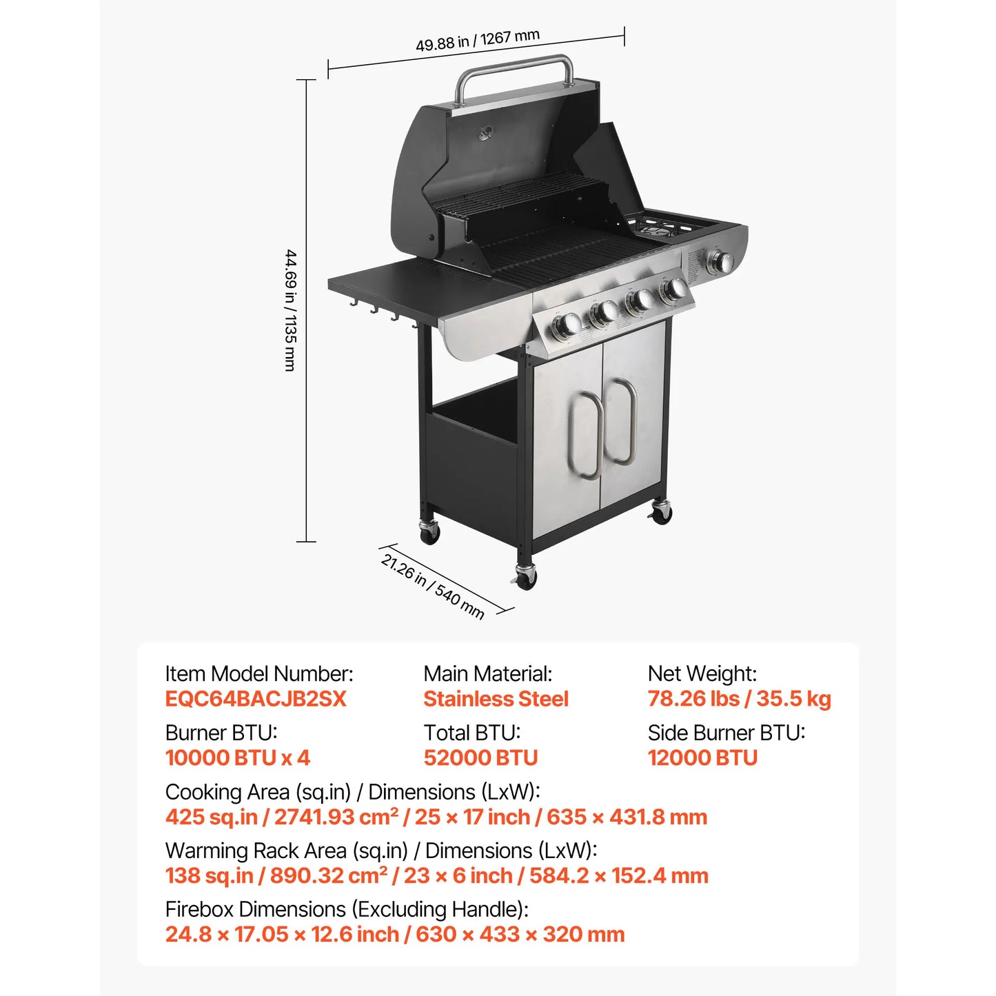 SucceBuy 4 Burner Propane Gas Grill With Side Burner