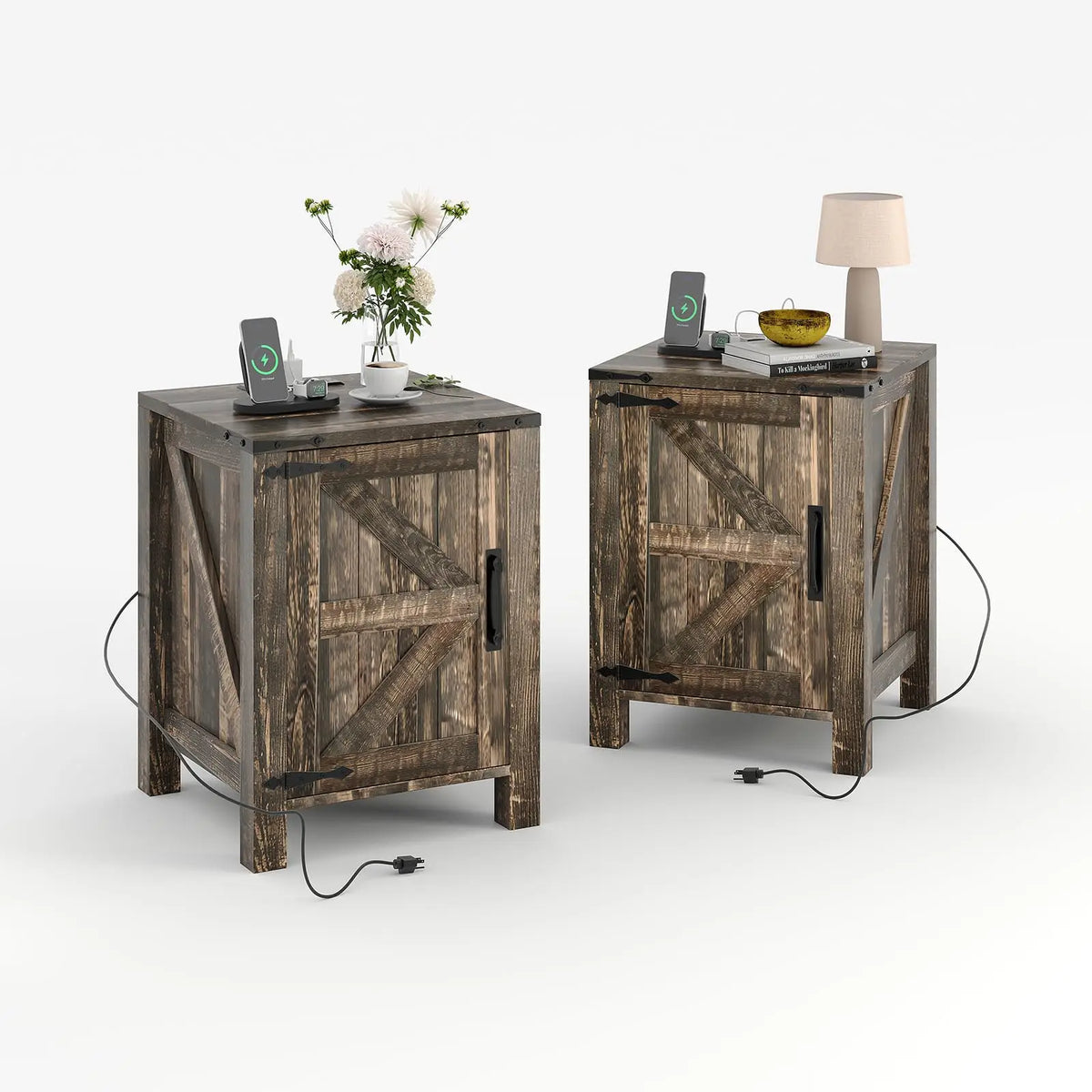 Rustic Farmhouse Nightstand With Charging Station Barn Door And Adjustable Storage Shelf Wooden Small Bedside Table 18 Inch Modern Two Tier Nightstand And End Table For Bedroom