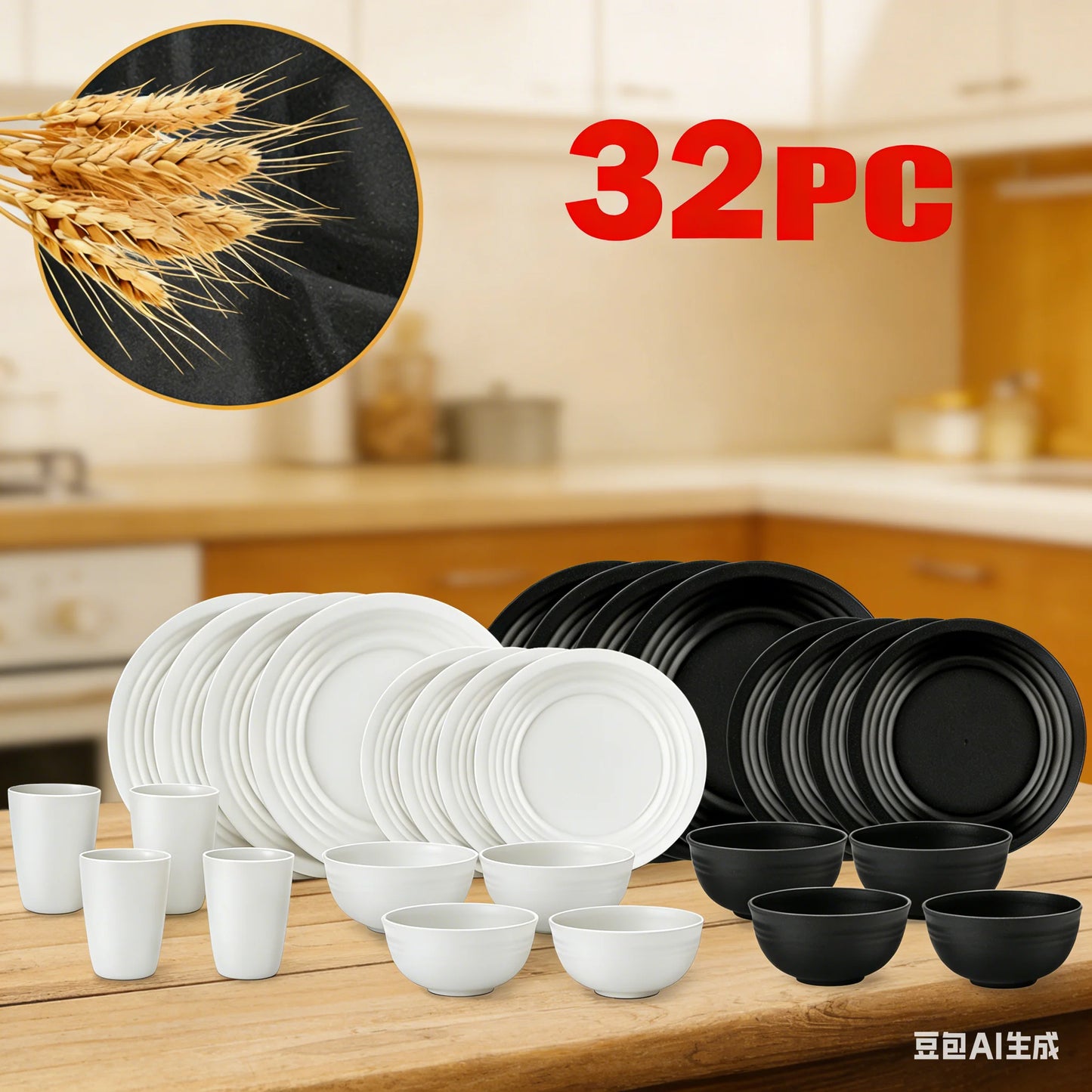 Wheat Straw Dinnerware Set Service For 8 BPA Free Unbreakable