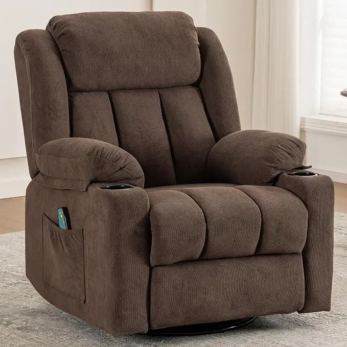 Overstuffed Rocker Recliner with Massage & Heat, Soft Fabric Glider for Living Room, Manual Swivel, Large Adult, Custom