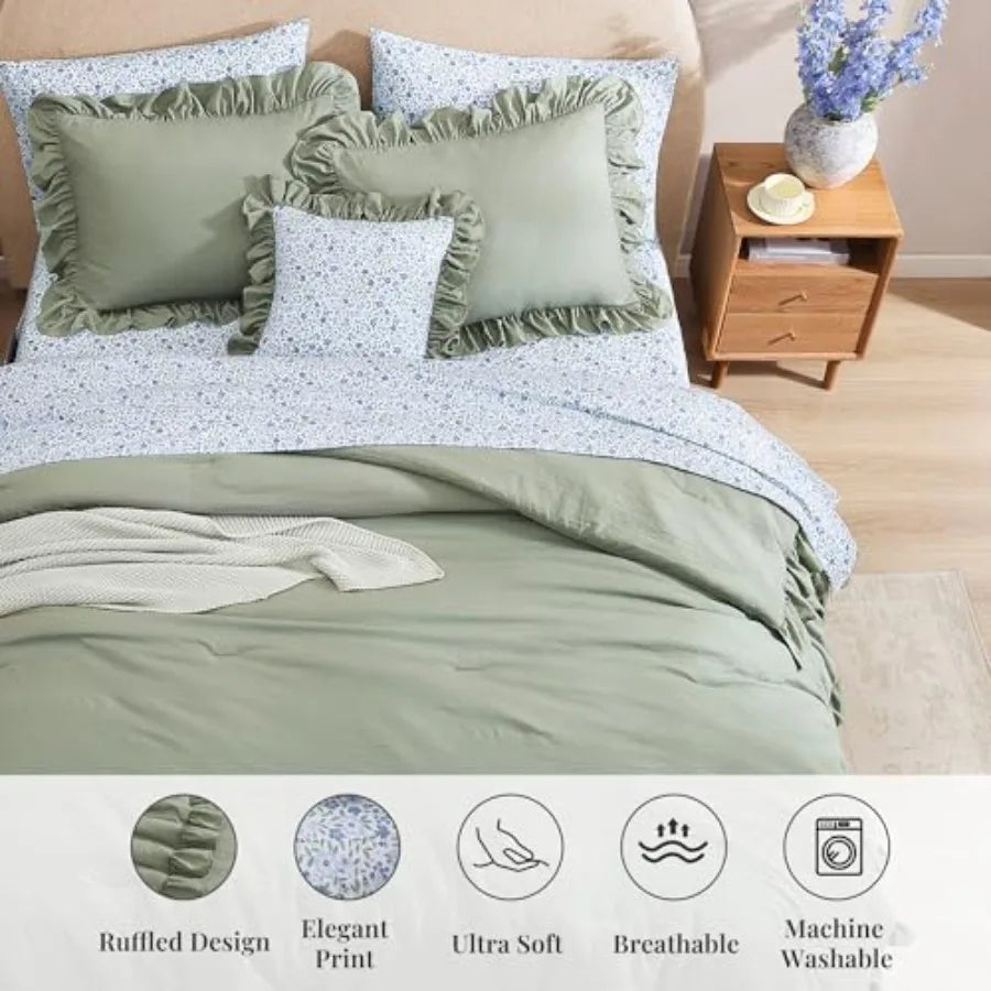 Comforter Set - 7 Pieces Ruffle Sage Green Bedding Sets, Shabby Chic Farmhouse Bed in a Bag with Ruffle Comforter, Floral Sheet