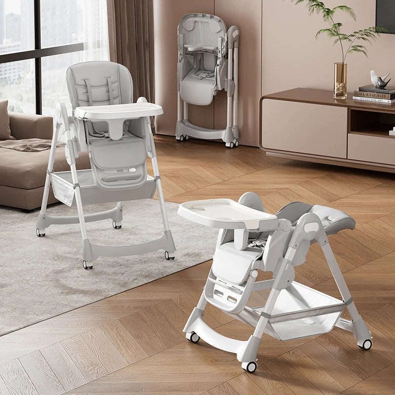 Foldable Baby High Chair With PU Leather And Harness