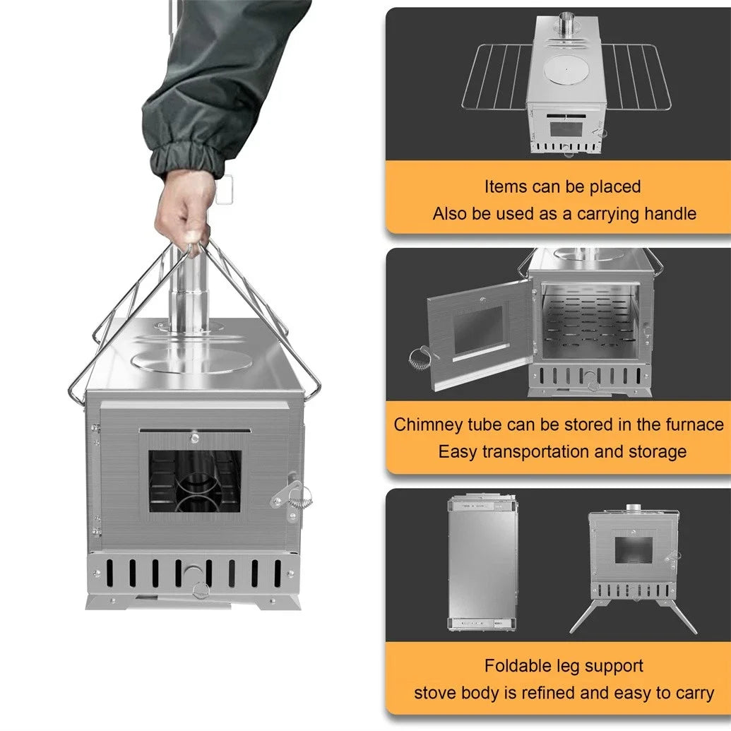 Wood Burning Portable Stove With Stainless Outdoor Chimney Pipes