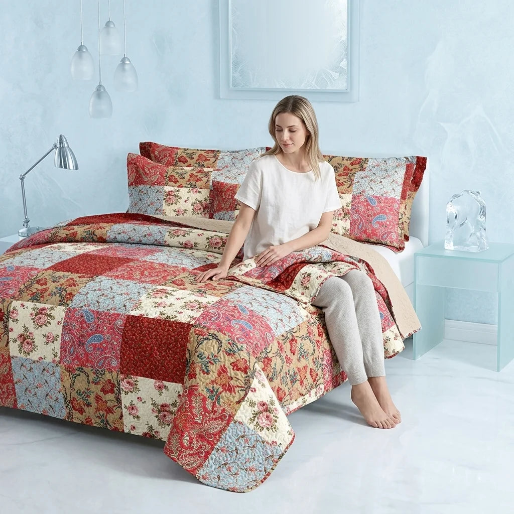Reversible Quilted Bedspread Set With Pillow Shams Lightweight Soft Coverlet