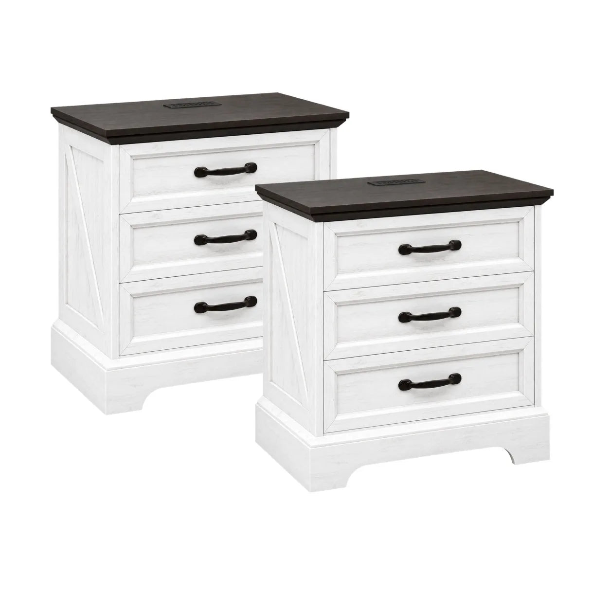 Farmhouse Nightstand With Charging Station And Three Wooden Drawers