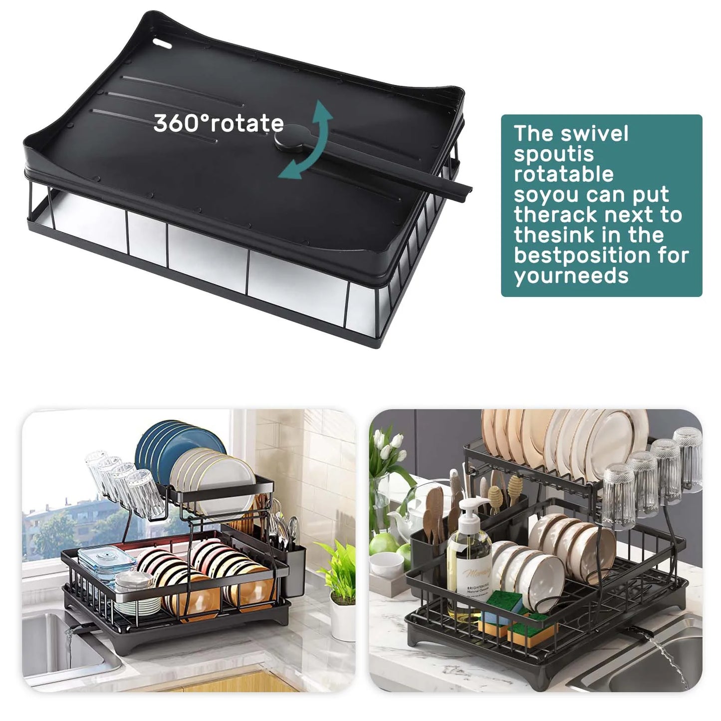 Two-Tier Dish Drying Rack For Kitchen Countertops Removable