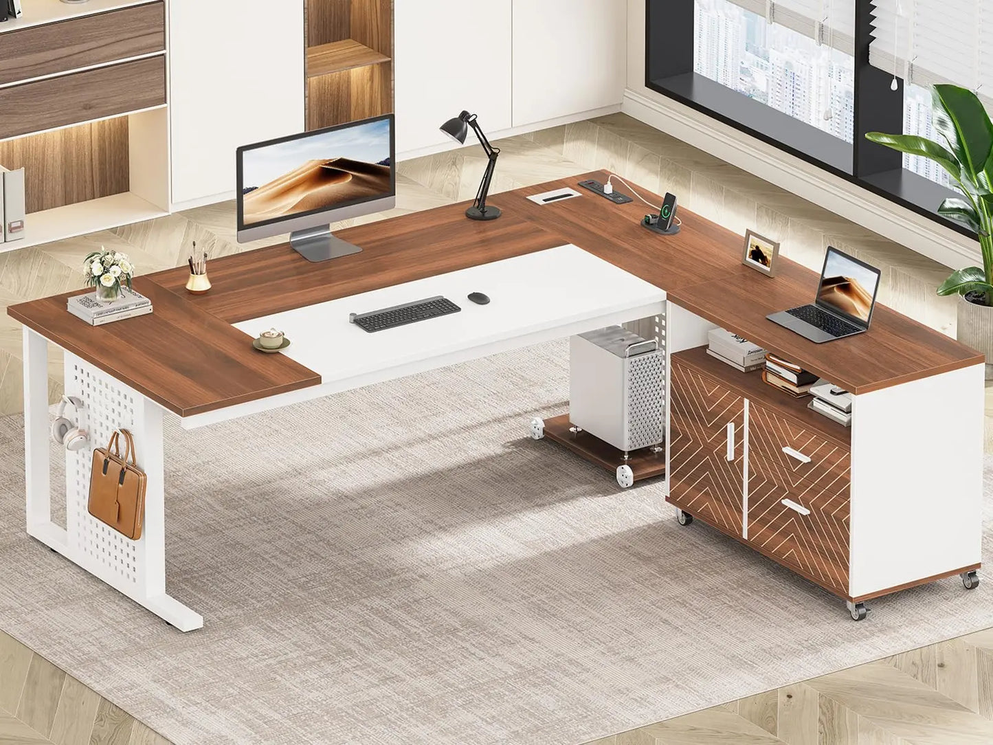 L Shaped Executive Desk With Power Outlets And Drawers