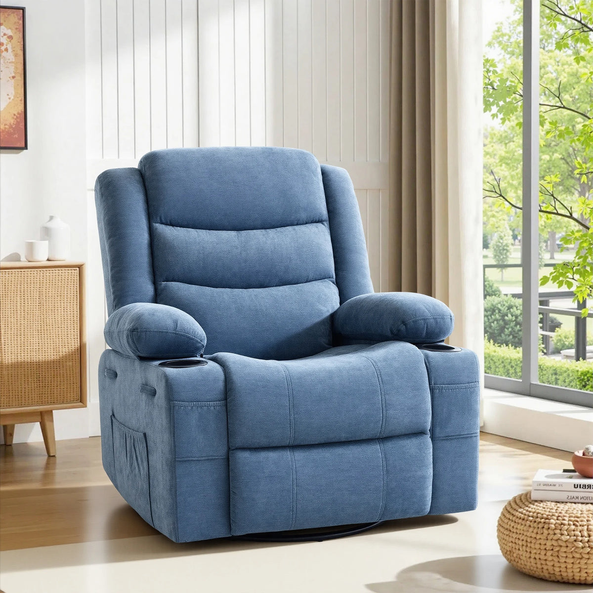 Soft Chenille Upholstered Swivel Rocker Recliner Chair, Manual Pull Reclining Sofa Chair with Storage Pockets for Relaxing Napping Watching TV at Home