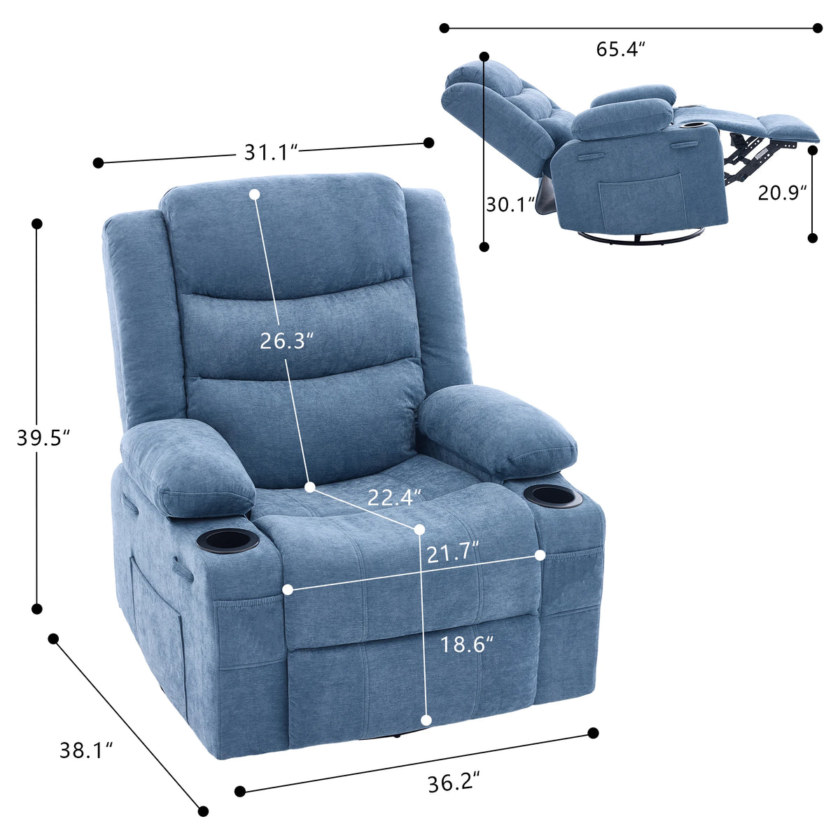 Soft Chenille Upholstered Swivel Rocker Recliner Chair, Manual Pull Reclining Sofa Chair with Storage Pockets for Relaxing Napping Watching TV at Home