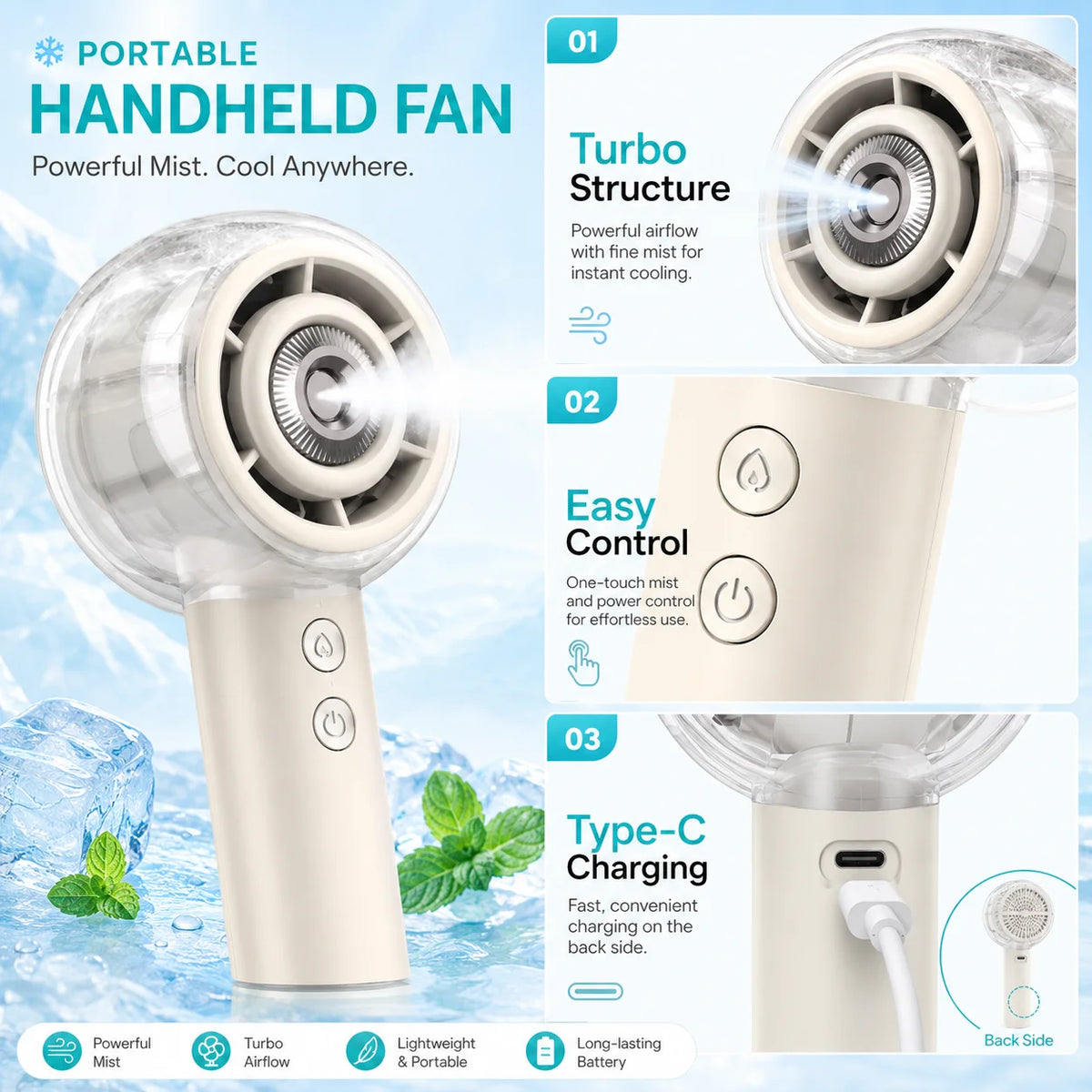 Portable Misting Handheld Fan With Rechargeable Battery For Camping