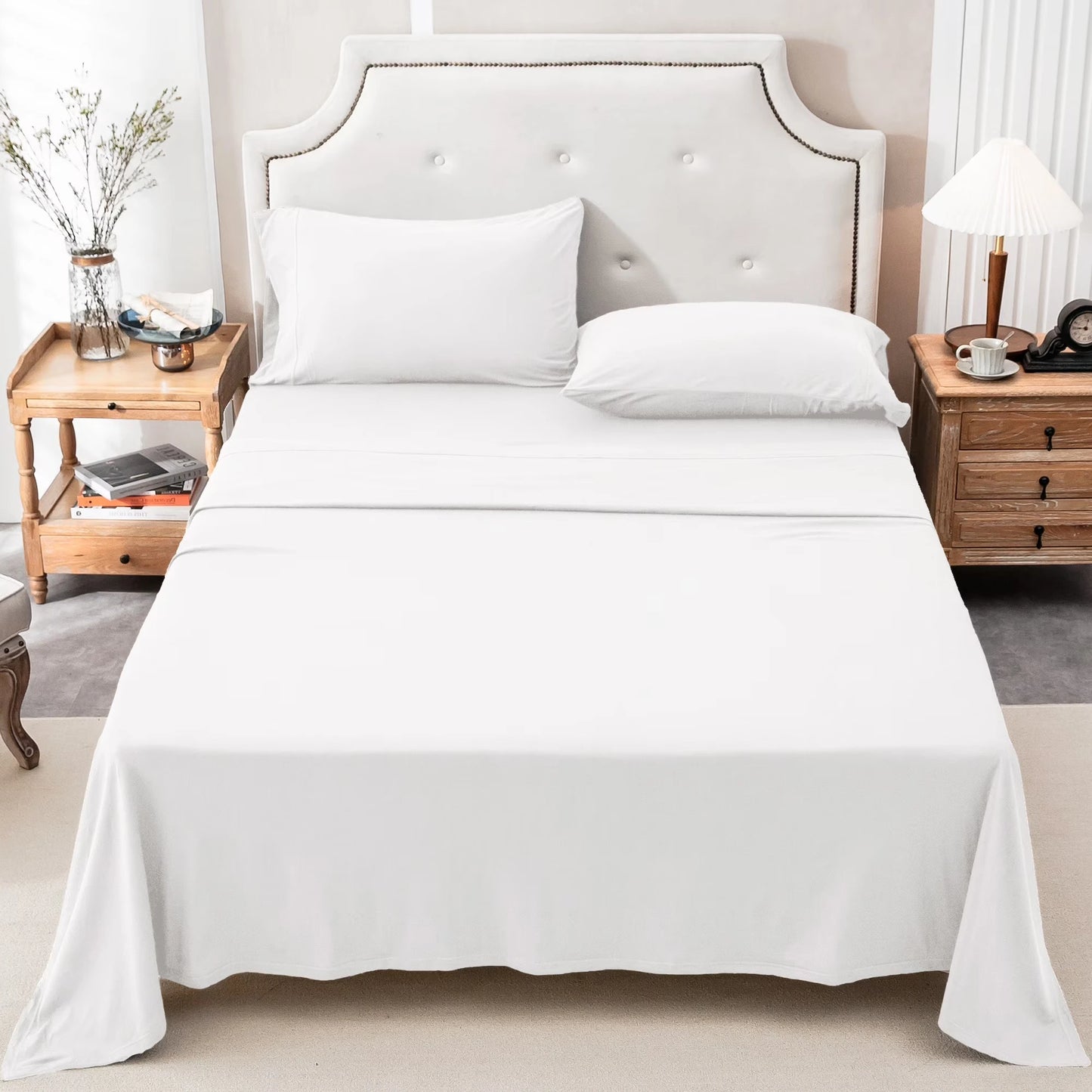 4-Piece 100% Cotton Jersey Knit Sheet Set – Ultra Soft & Breathable Bedding Set with Deep Pocket Fitted Sheet, Flat Sheet & 2 Pillowcases（Without Core） – Wrinkle Free, Machine Washable, Secure Fit & Cozy Comfort for A