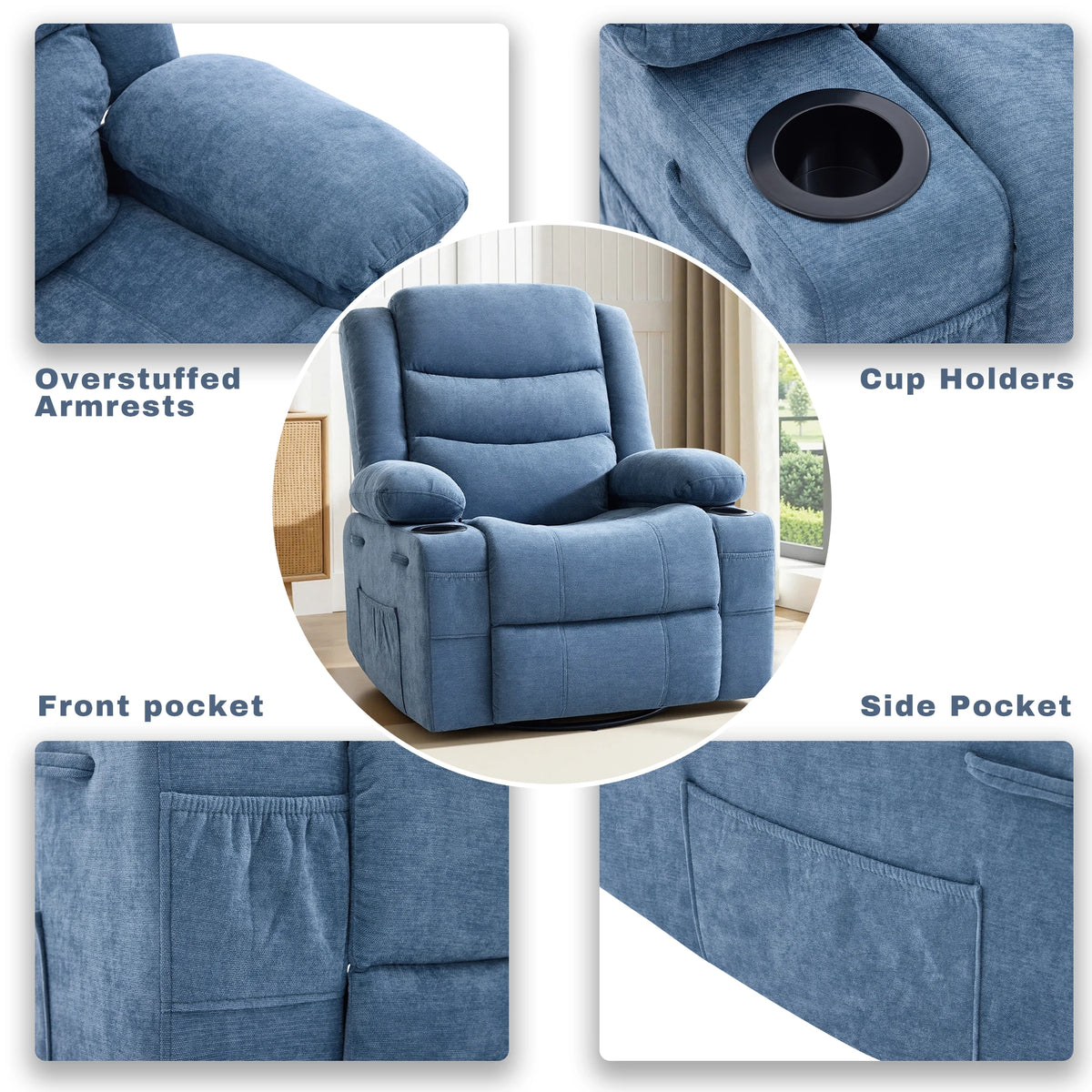 Soft Chenille Upholstered Swivel Rocker Recliner Chair, Manual Pull Reclining Sofa Chair with Storage Pockets for Relaxing Napping Watching TV at Home