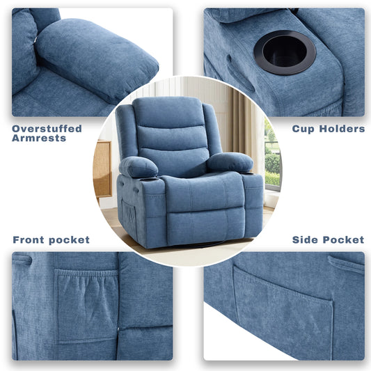 Soft Chenille Upholstered Swivel Rocker Recliner Chair, Manual Pull Reclining Sofa Chair with Storage Pockets for Relaxing Napping Watching TV at Home