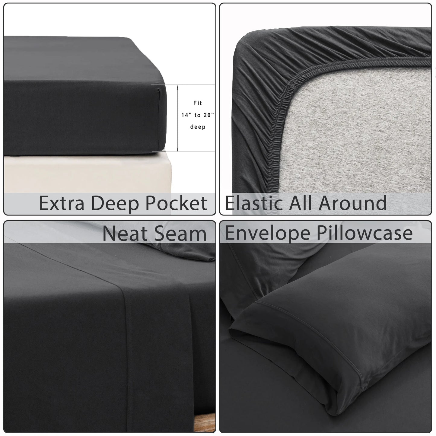 4-Piece 100% Cotton Jersey Knit Sheet Set – Ultra Soft & Breathable Bedding Set with Deep Pocket Fitted Sheet, Flat Sheet & 2 Pillowcases（Without Core） – Wrinkle Free, Machine Washable, Secure Fit & Cozy Comfort for A