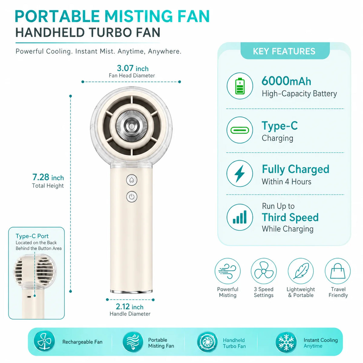 Portable Misting Handheld Fan With Rechargeable Battery For Camping