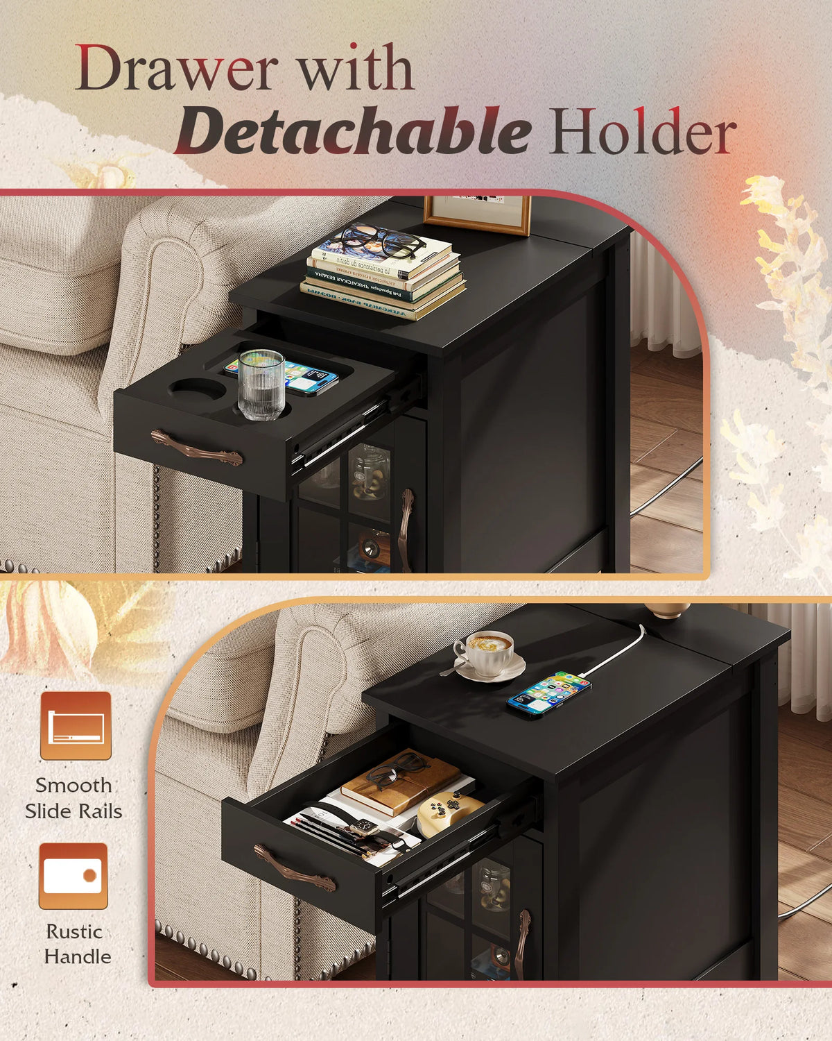 Galaxhero Wooden End Table With Charging Station And Storage
