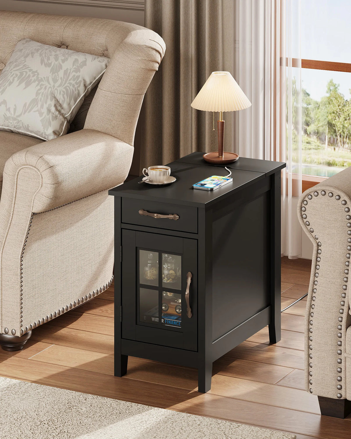 Galaxhero Wooden End Table With Charging Station And Storage