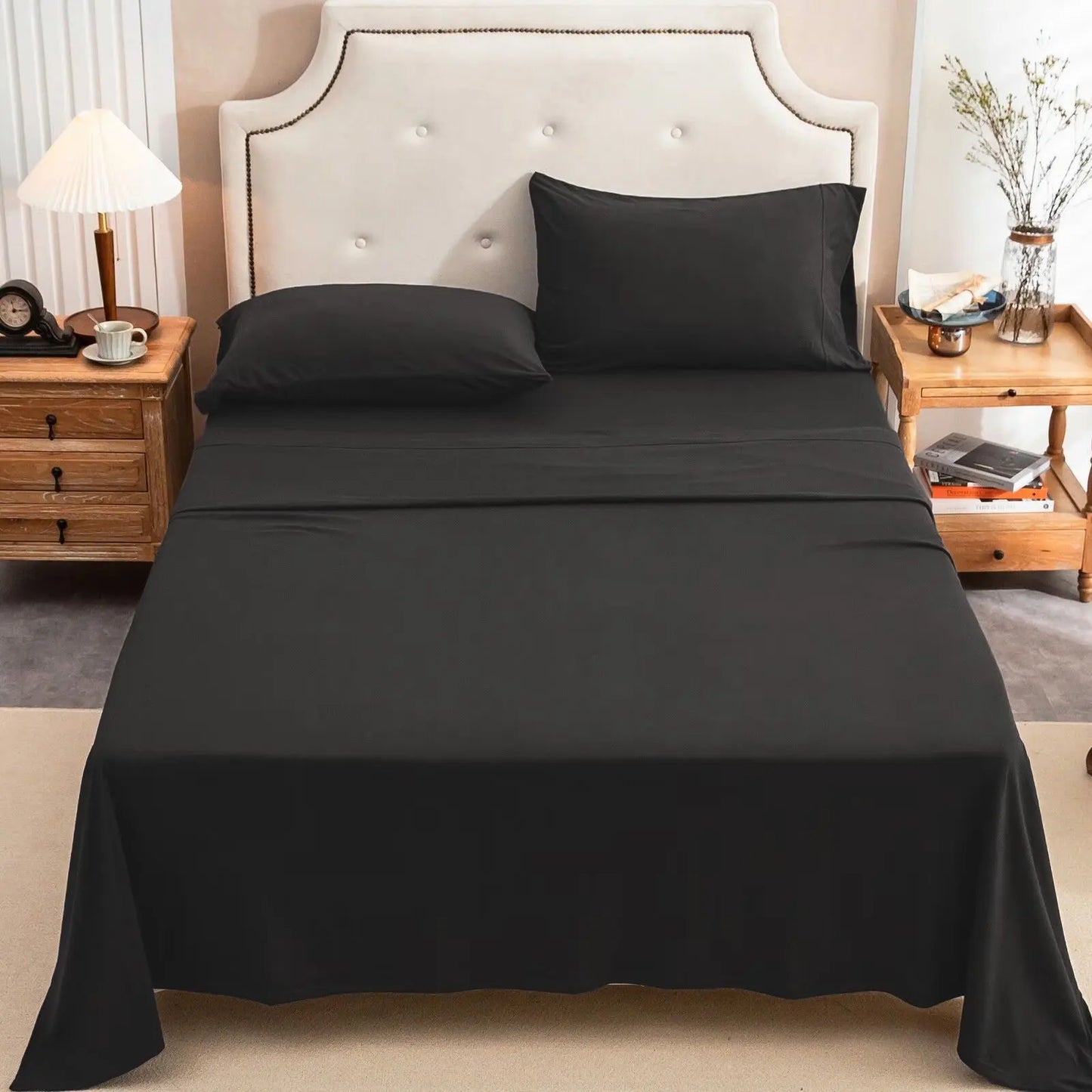 4-Piece 100% Cotton Jersey Knit Sheet Set – Ultra Soft & Breathable Bedding Set with Deep Pocket Fitted Sheet, Flat Sheet & 2 Pillowcases（Without Core） – Wrinkle Free, Machine Washable, Secure Fit & Cozy Comfort for A