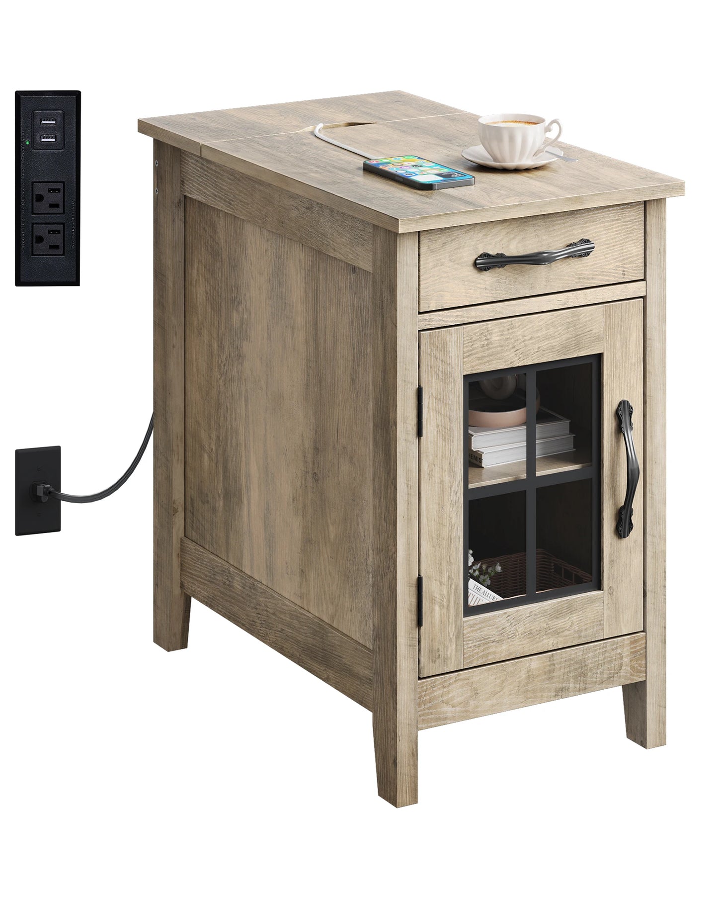 Galaxhero Wooden End Table With Charging Station And Storage