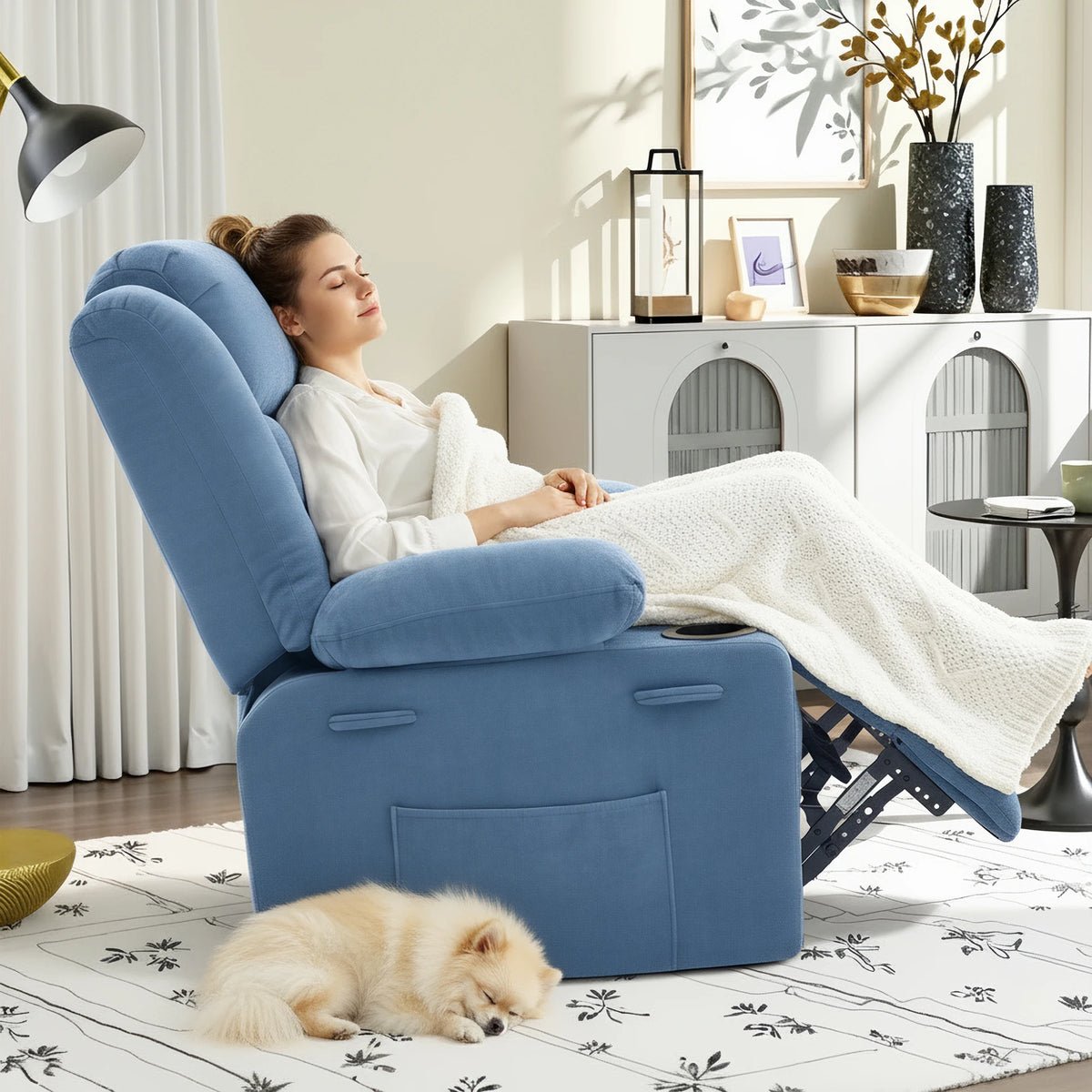 Soft Chenille Upholstered Swivel Rocker Recliner Chair, Manual Pull Reclining Sofa Chair with Storage Pockets for Relaxing Napping Watching TV at Home