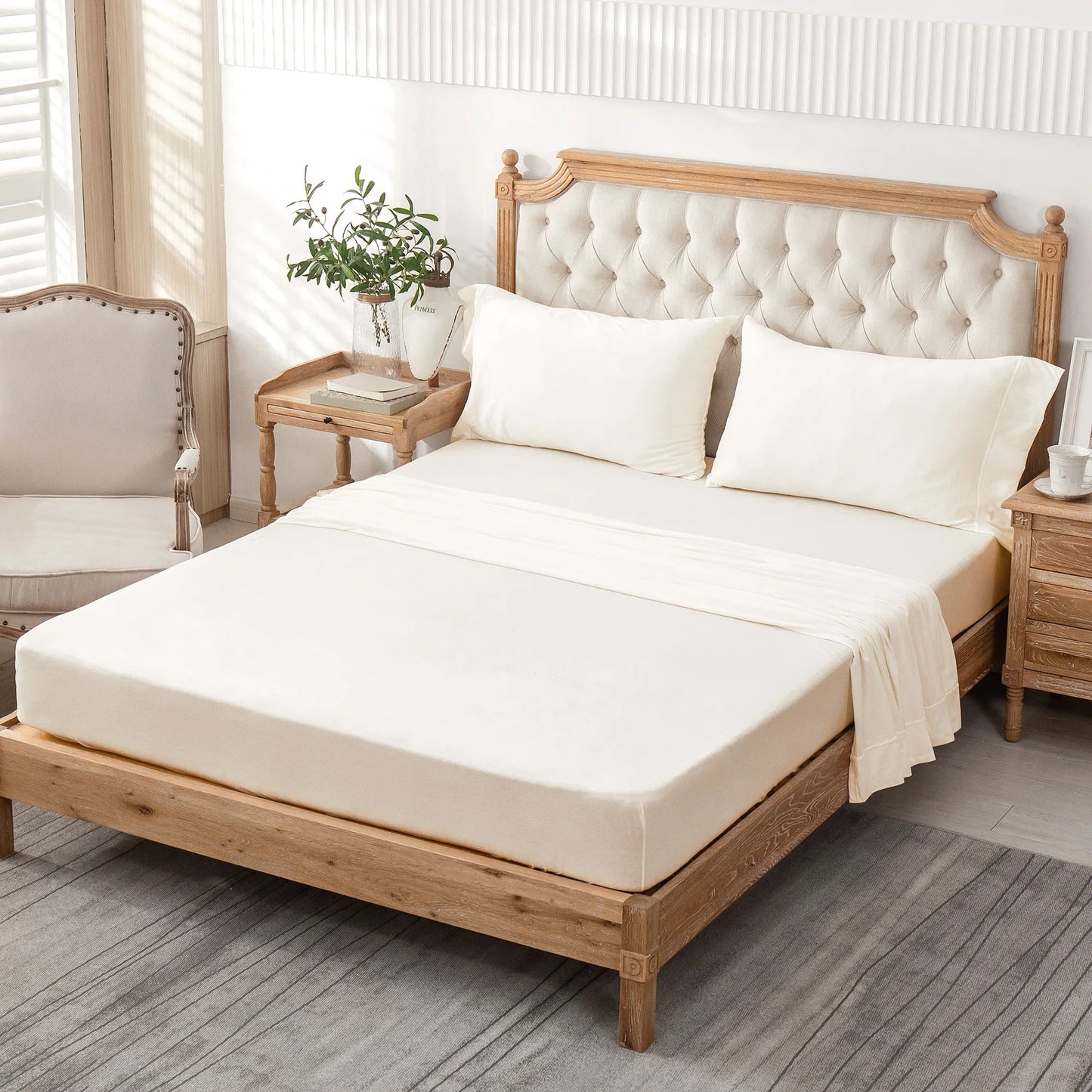4-Piece 100% Cotton Jersey Knit Sheet Set – Ultra Soft & Breathable Bedding Set with Deep Pocket Fitted Sheet, Flat Sheet & 2 Pillowcases（Without Core） – Wrinkle Free, Machine Washable, Secure Fit & Cozy Comfort for A