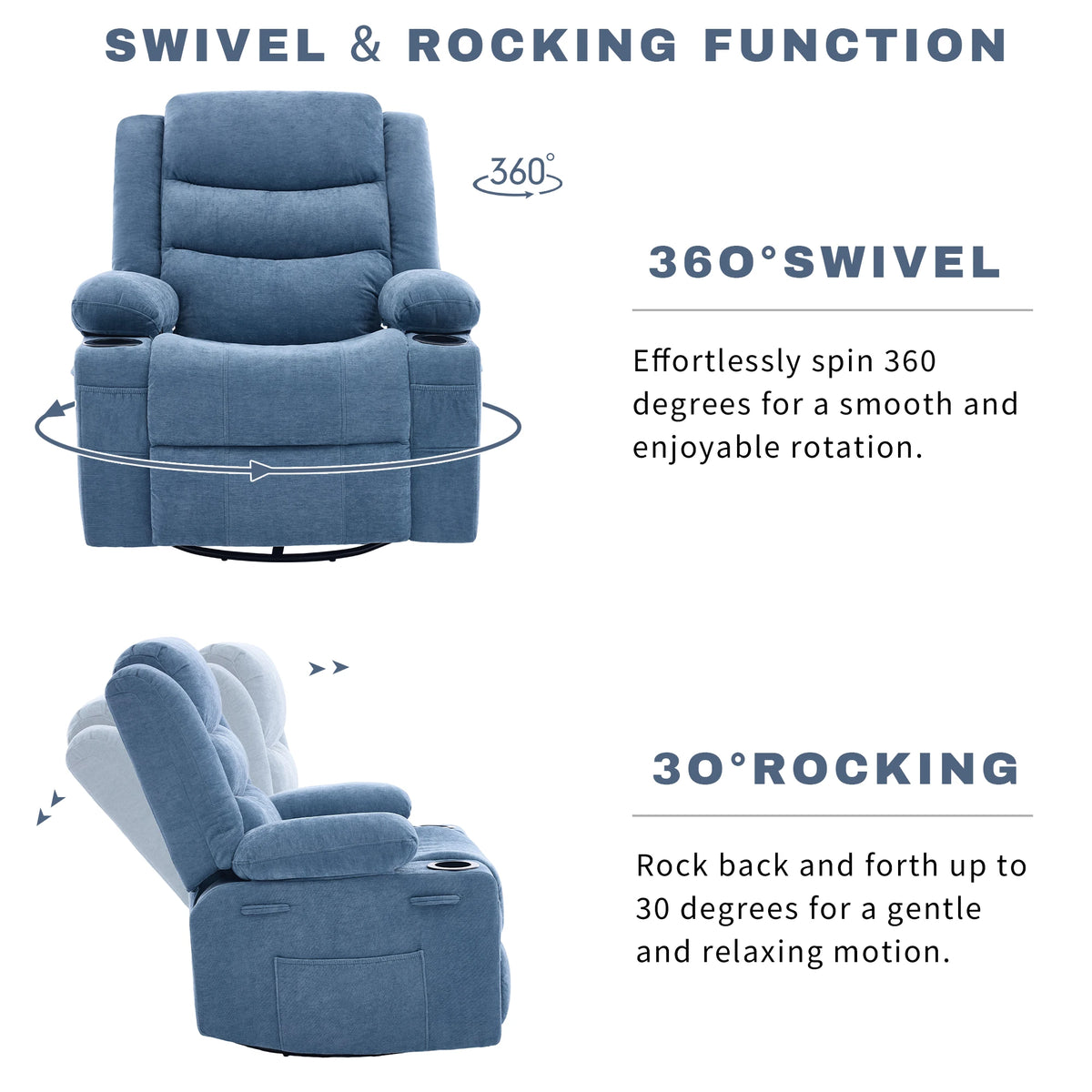 Soft Chenille Upholstered Swivel Rocker Recliner Chair, Manual Pull Reclining Sofa Chair with Storage Pockets for Relaxing Napping Watching TV at Home