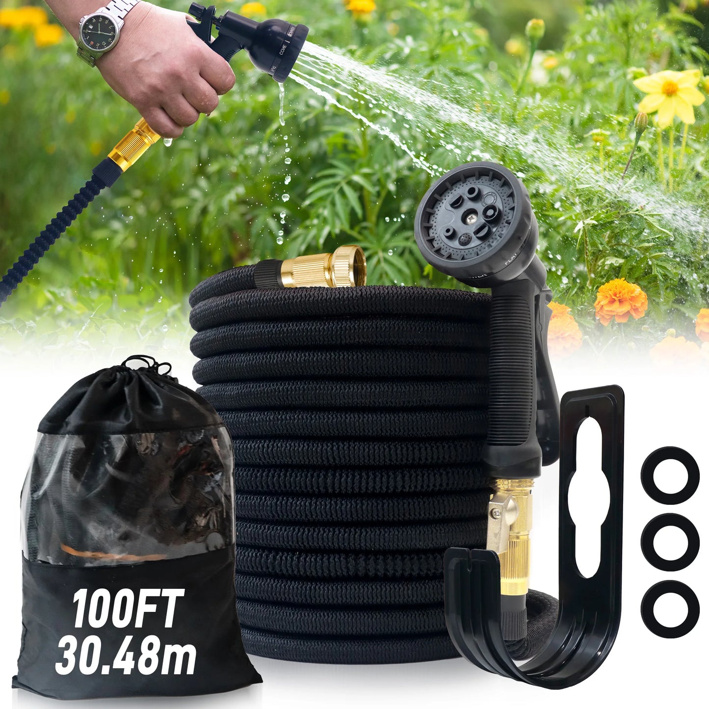 Expandable Garden Hose With Nozzle Lightweight Durable No Kink Flexible