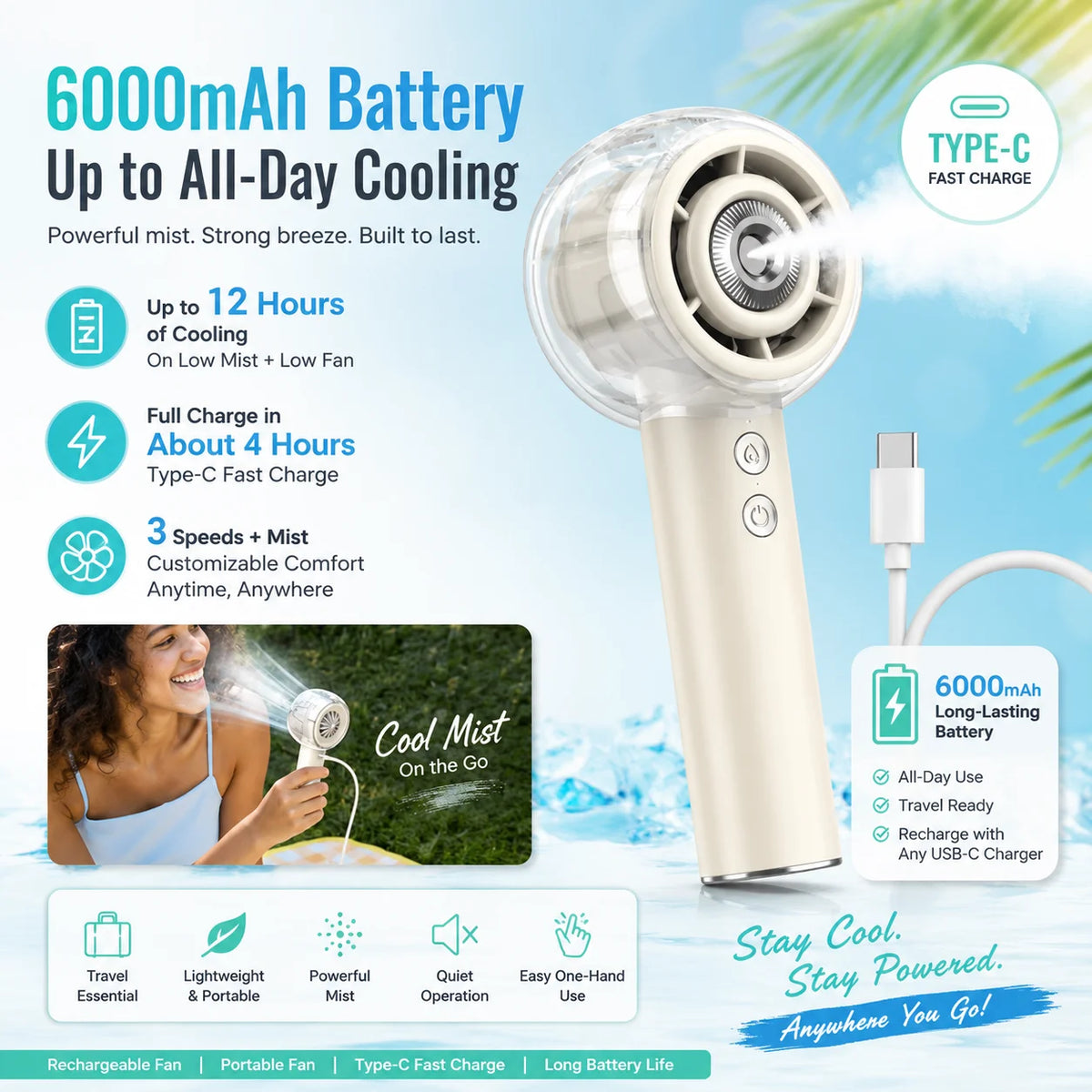 Portable Misting Handheld Fan With Rechargeable Battery For Camping
