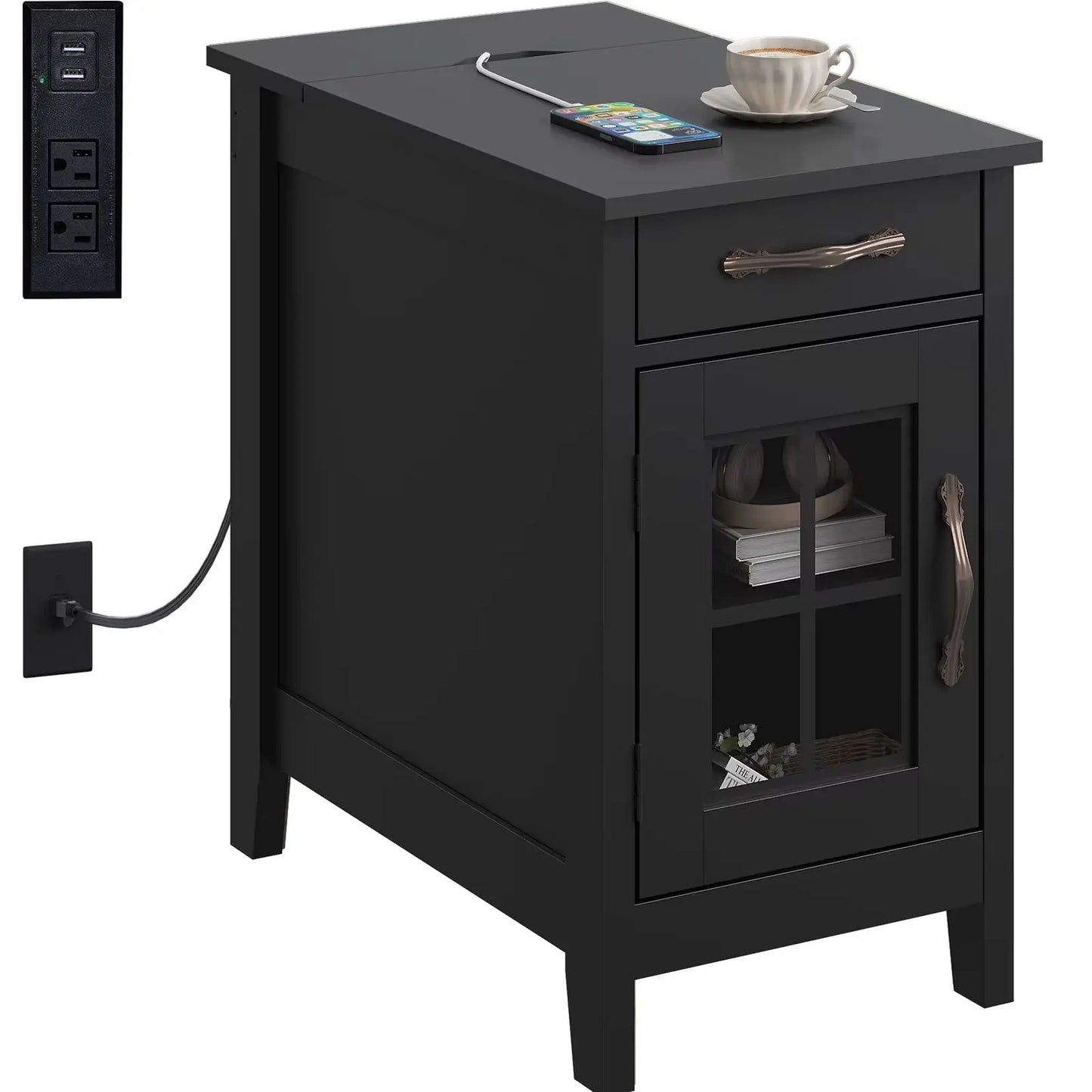 Galaxhero Wooden End Table With Charging Station And Storage