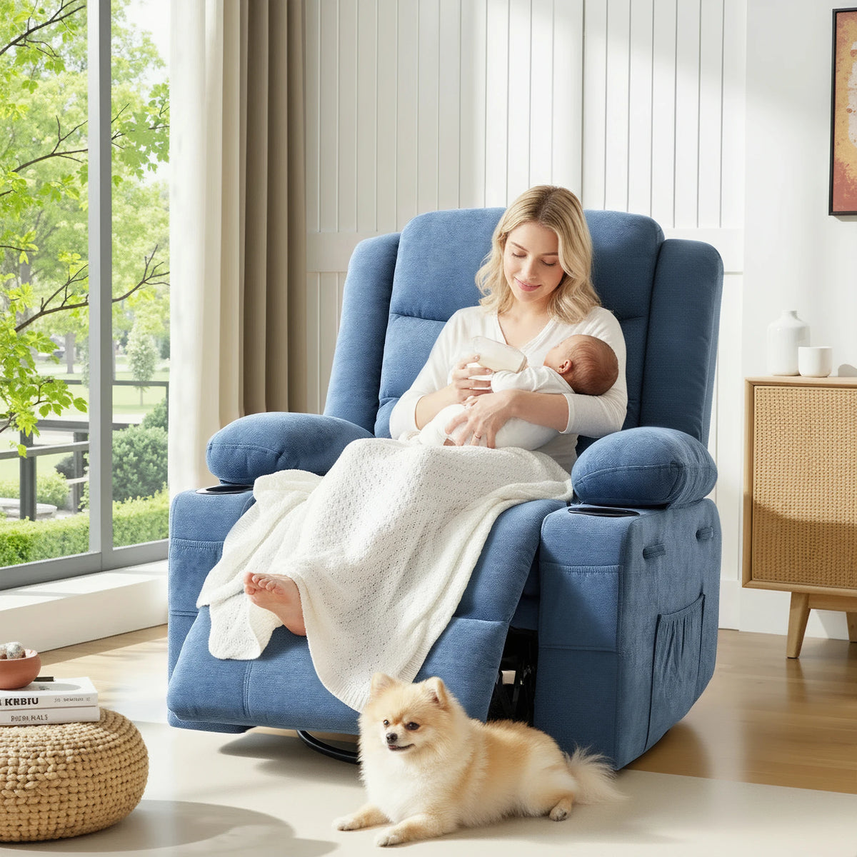Soft Chenille Upholstered Swivel Rocker Recliner Chair, Manual Pull Reclining Sofa Chair with Storage Pockets for Relaxing Napping Watching TV at Home