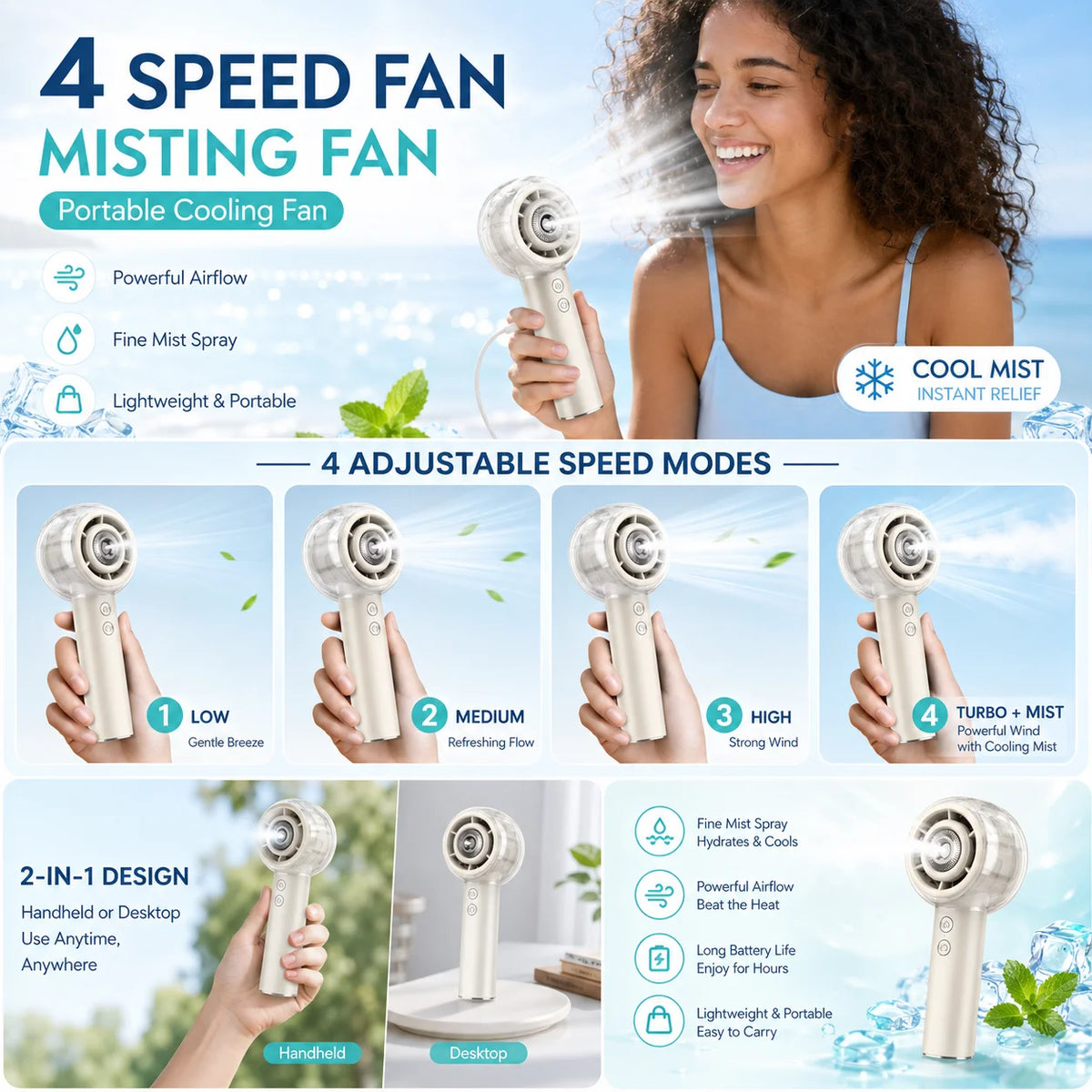 Portable Misting Handheld Fan With Rechargeable Battery For Camping
