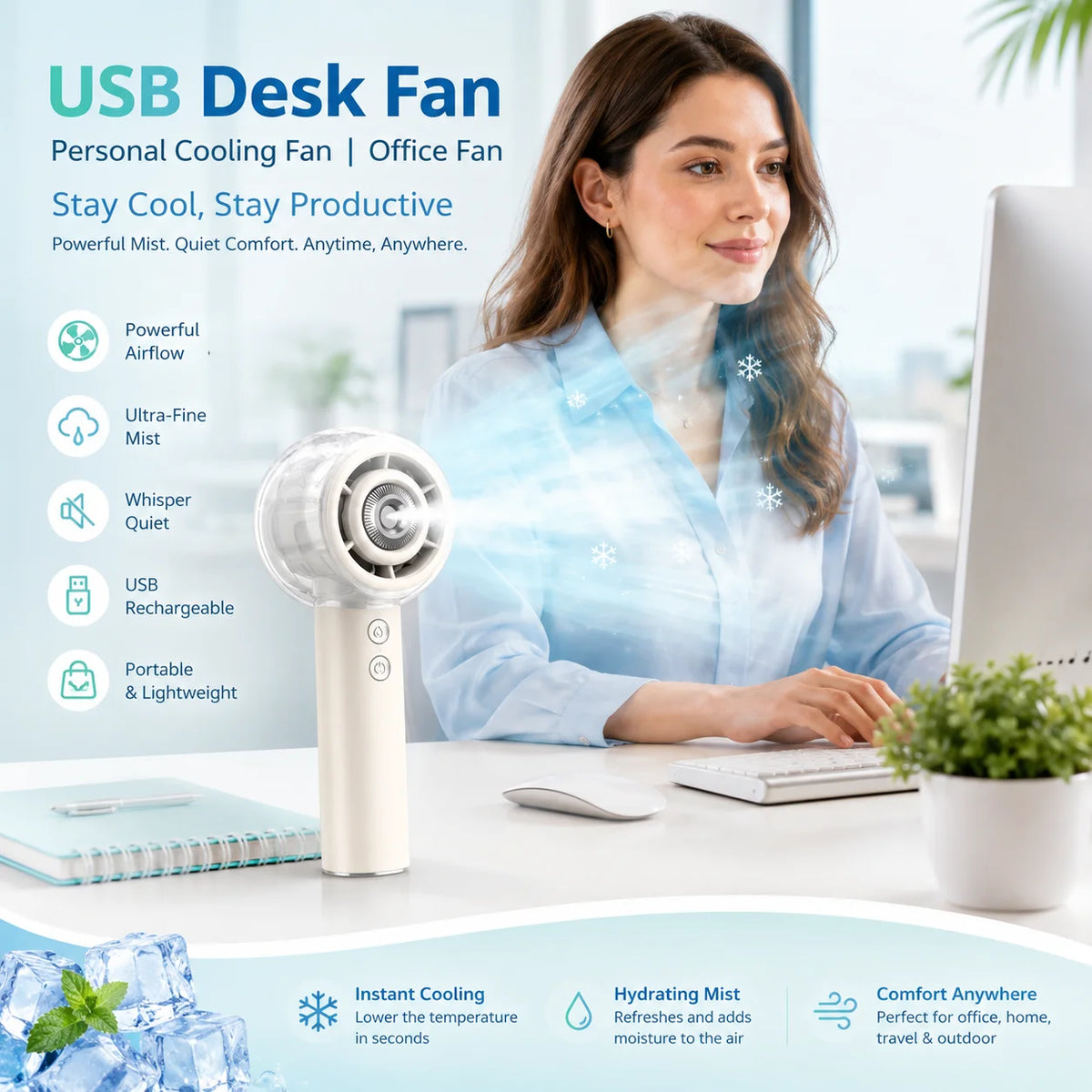Portable Misting Handheld Fan With Rechargeable Battery For Camping