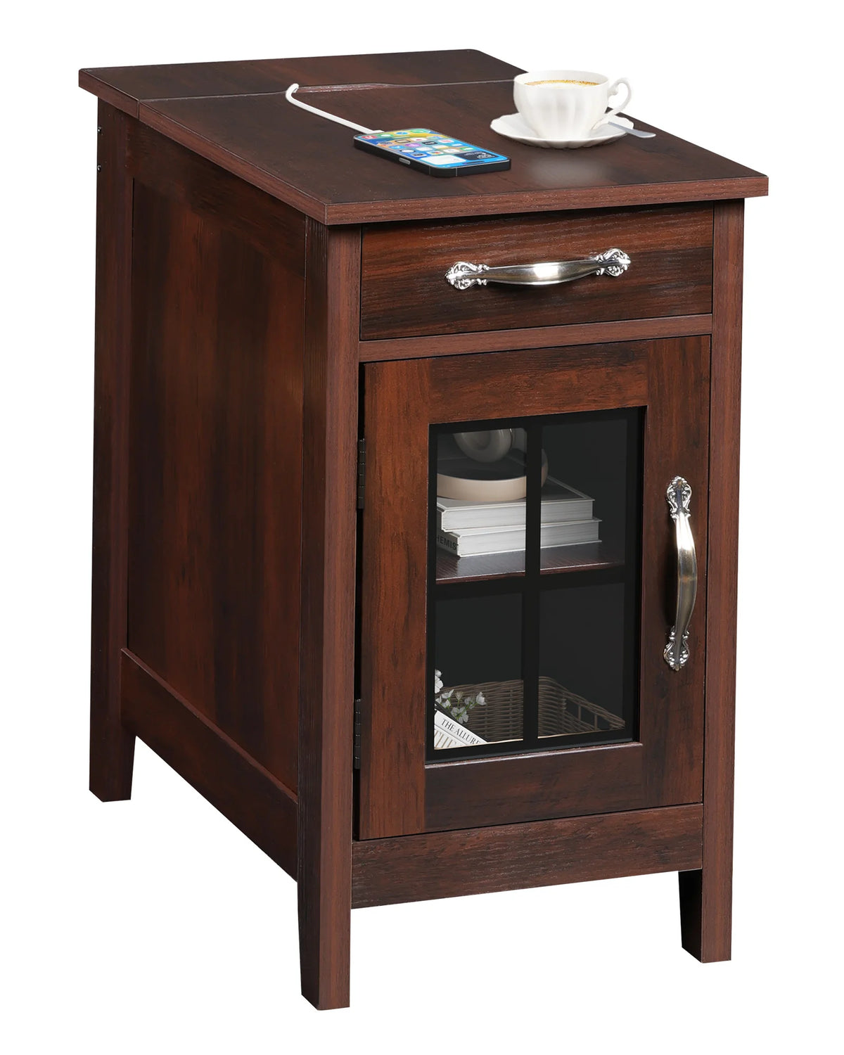 Galaxhero Wooden End Table With Charging Station And Storage