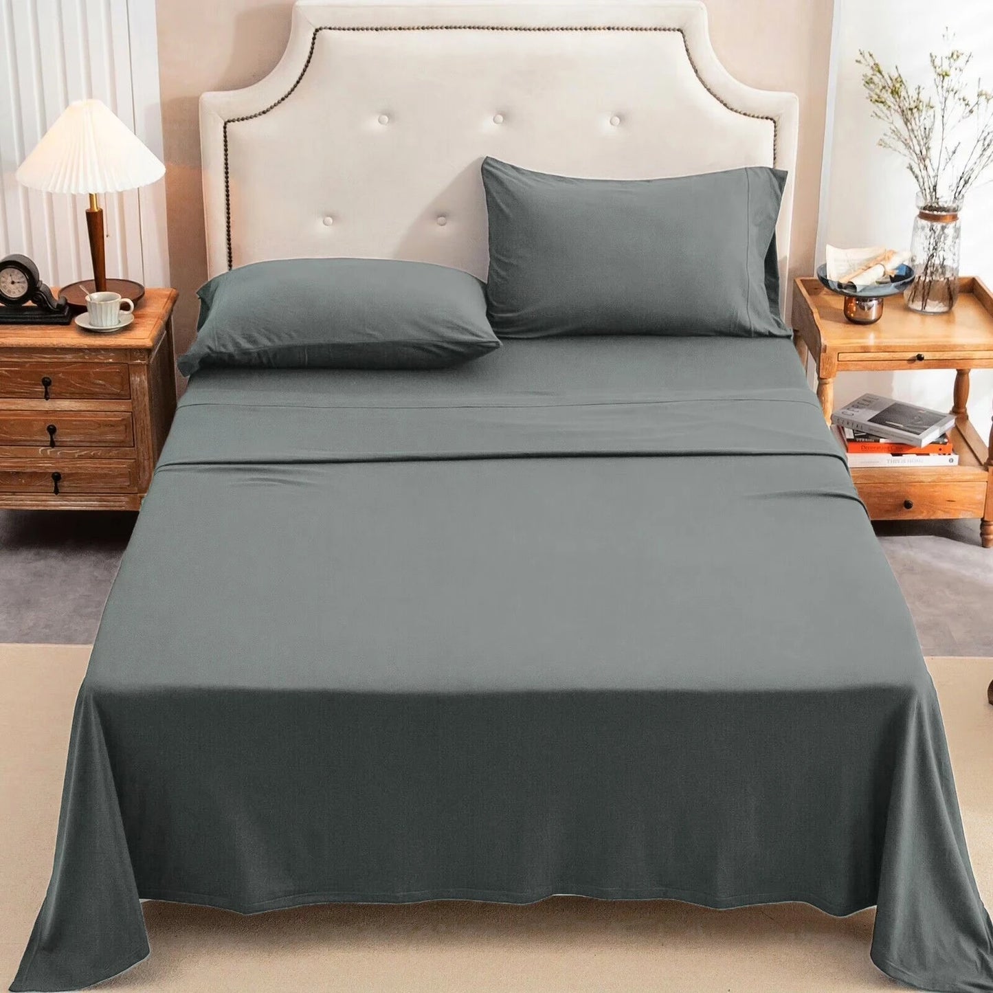 4-Piece 100% Cotton Jersey Knit Sheet Set – Ultra Soft & Breathable Bedding Set with Deep Pocket Fitted Sheet, Flat Sheet & 2 Pillowcases（Without Core） – Wrinkle Free, Machine Washable, Secure Fit & Cozy Comfort for A