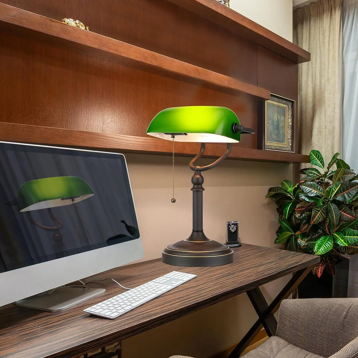 Elegant Iron And Glass Banker Table Lamp For Bedrooms