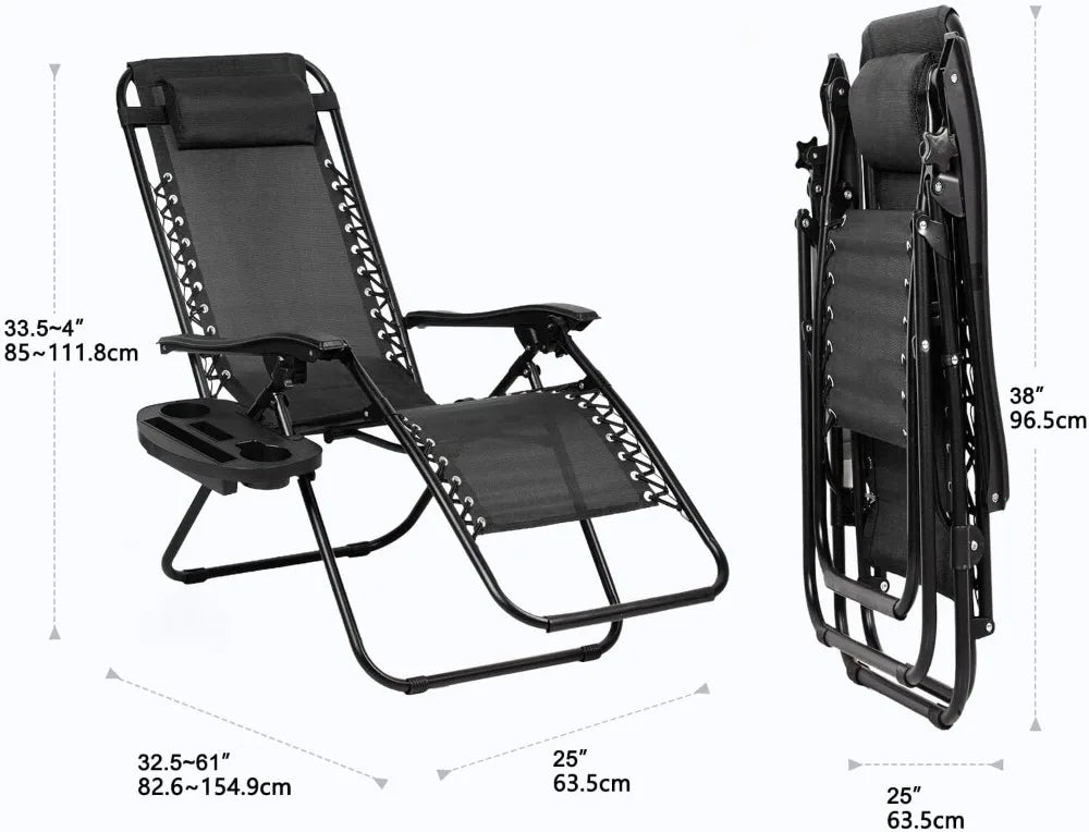 Set of 2 Adjustable Zero Gravity Patio Chairs with Pillow and Cup Holder