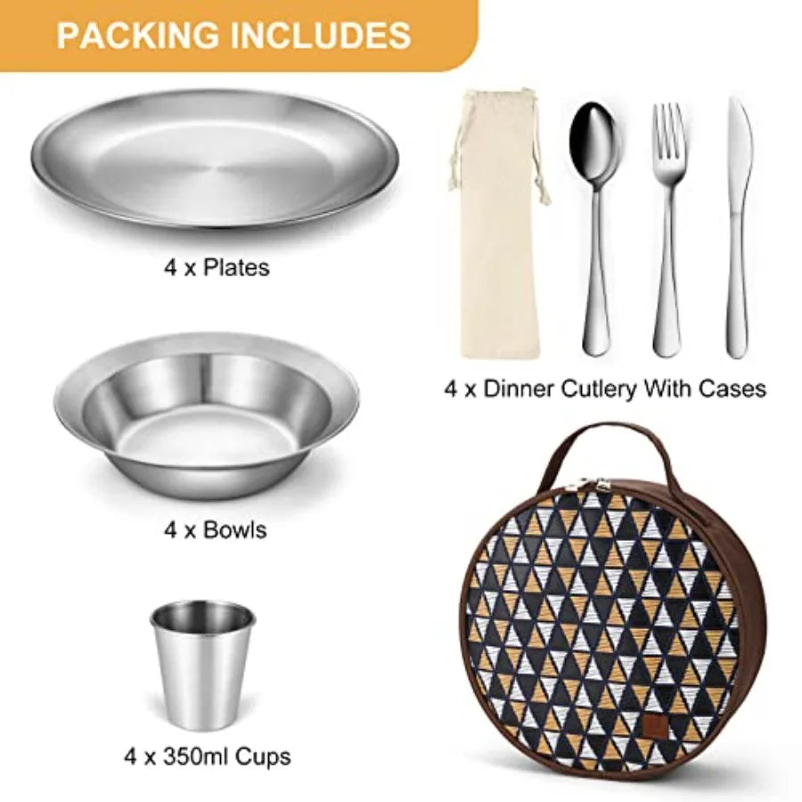 Stainless Steel Camping Mess Kit With Plates Bowls Forks Spoons Knives