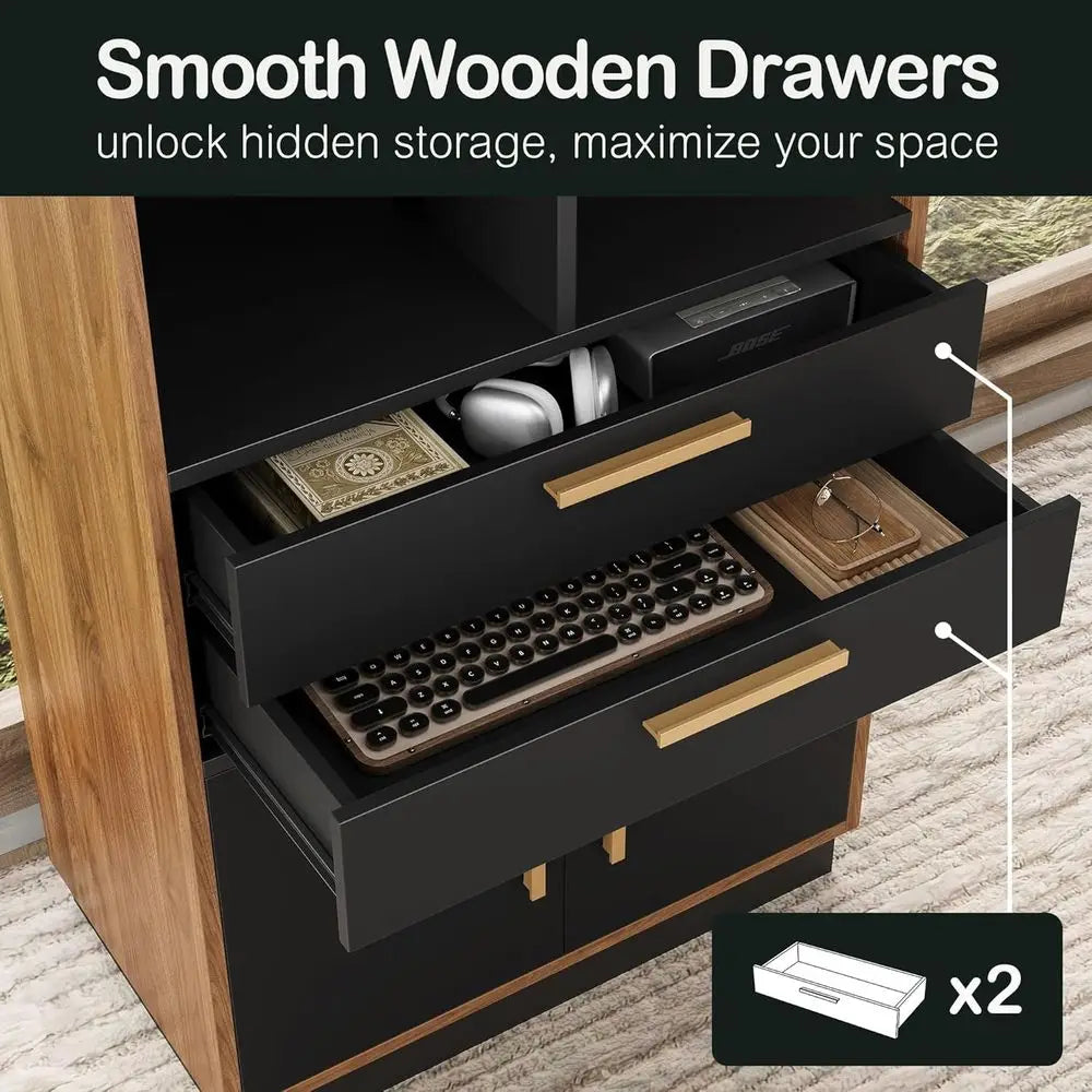 Wooden Bookshelf With 2 Drawers And 8 Cubes For Office