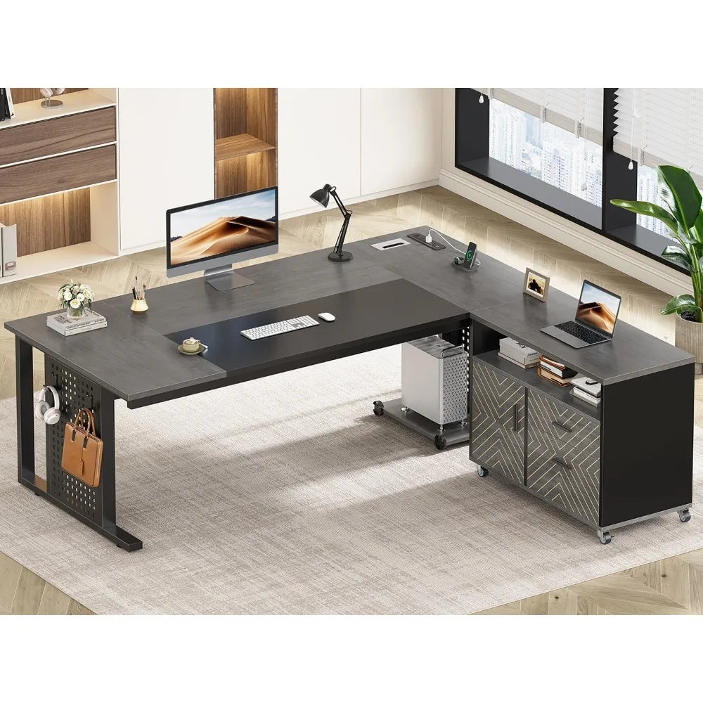 L Shaped Executive Desk With Power Outlets And Drawers
