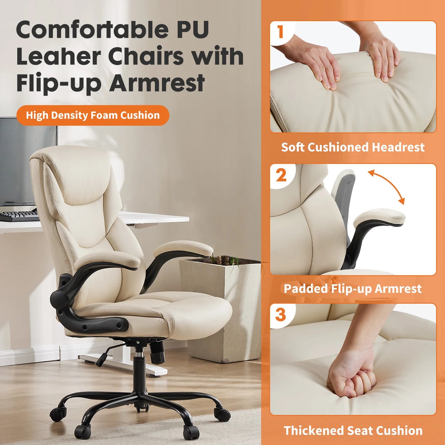 JHK Ergonomic PU Leather Office Chair With Flip Up Arms And Swivel Adjustable