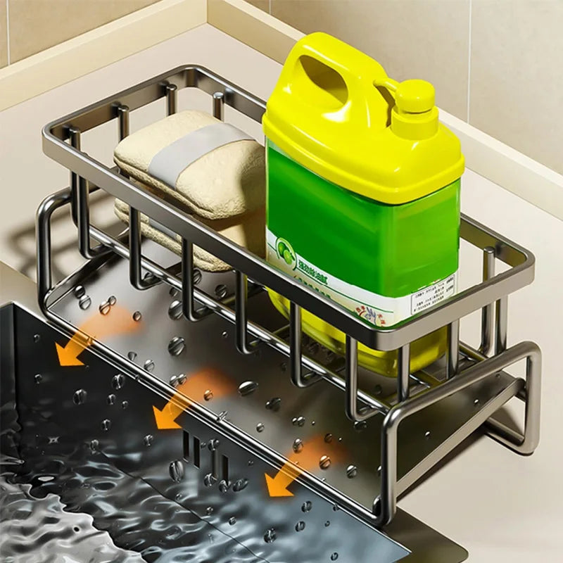 Kitchen Sink Organizer Stainless Steel With Tilted Water Tray For Sponge Brush