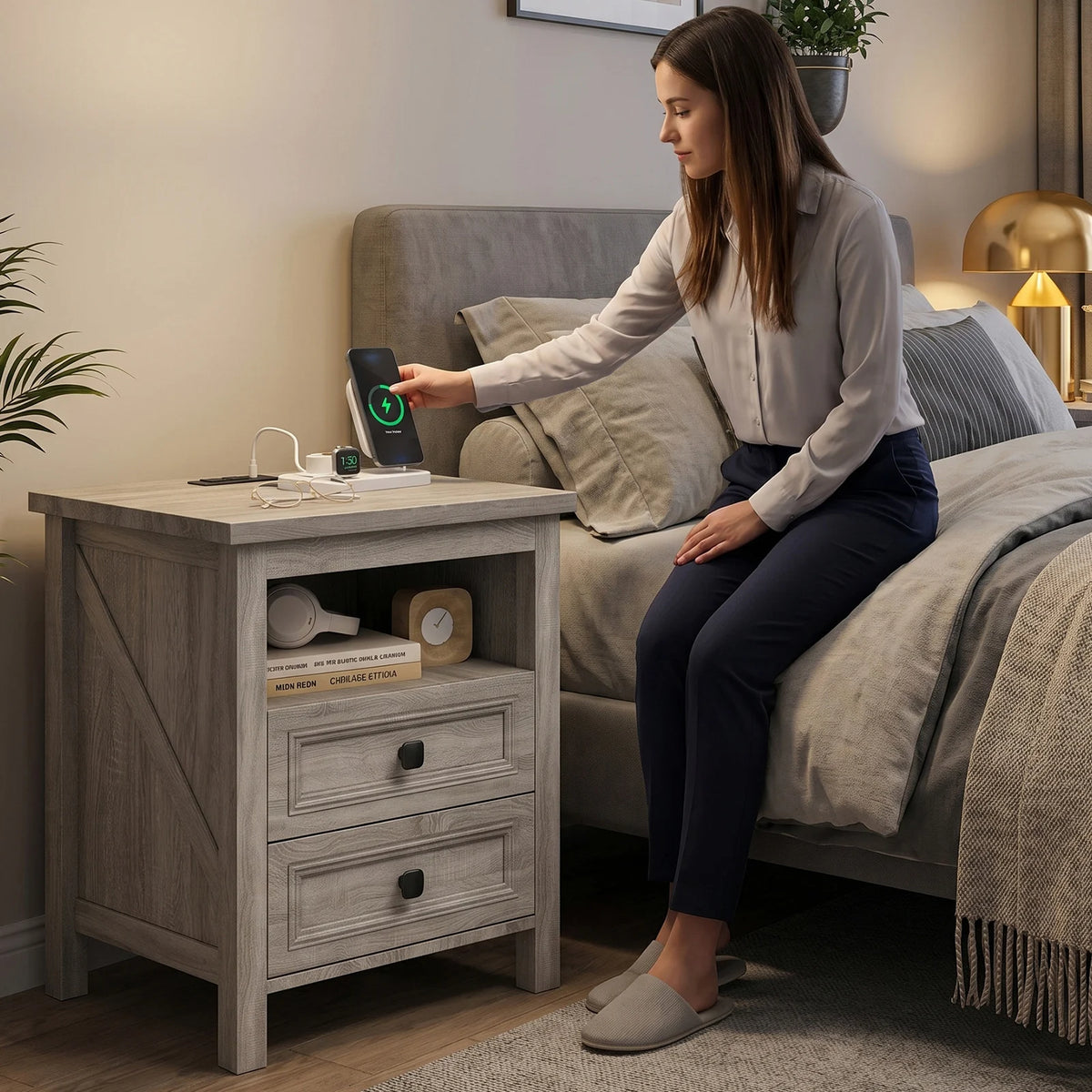 Nightstand with Charging Station and USB Port Wood Farmhouse Side End Table w 2 Drawers and Open Shelf for Bedroom Living Room