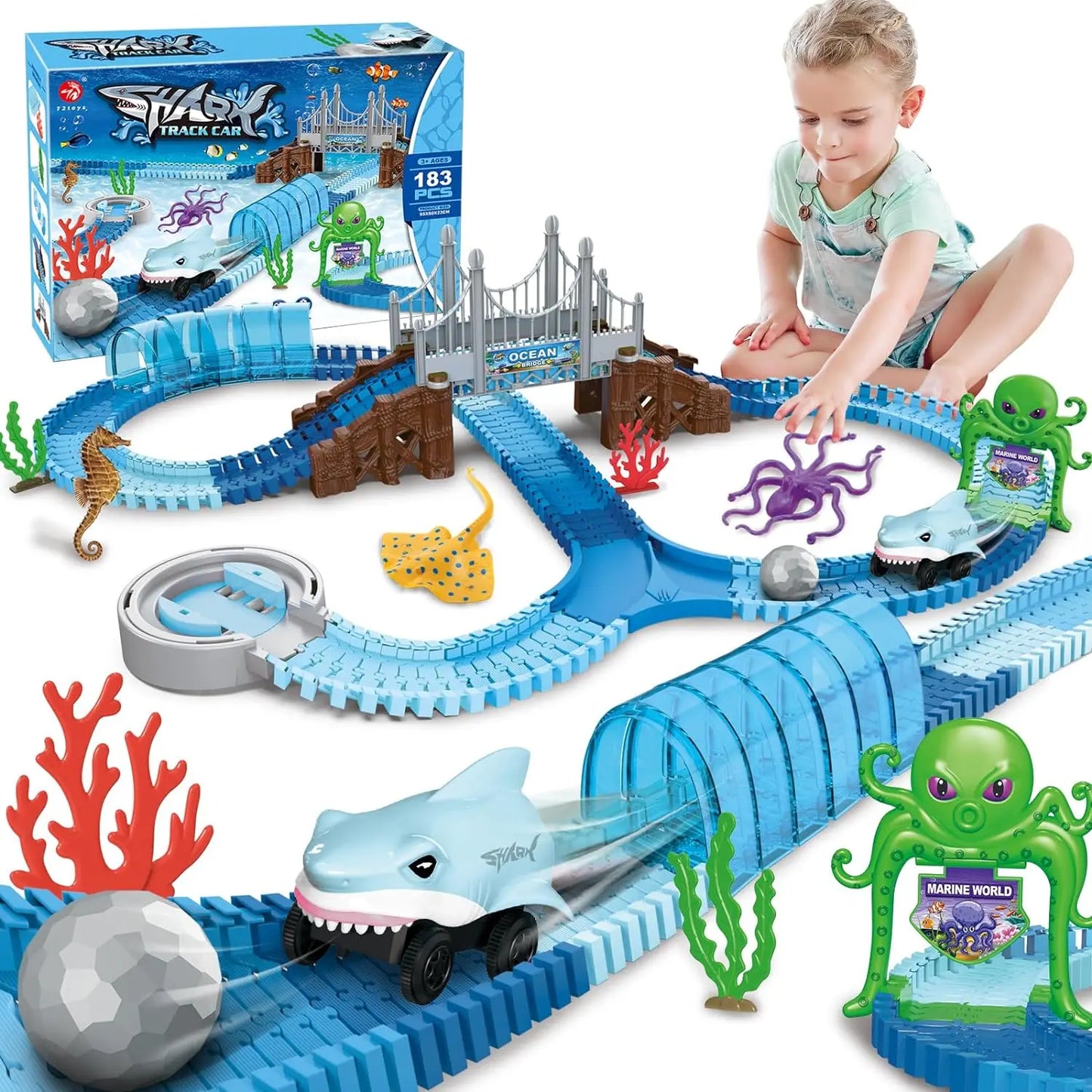 VATOS Shark Race Car Toy for Kids Track Stem Playset