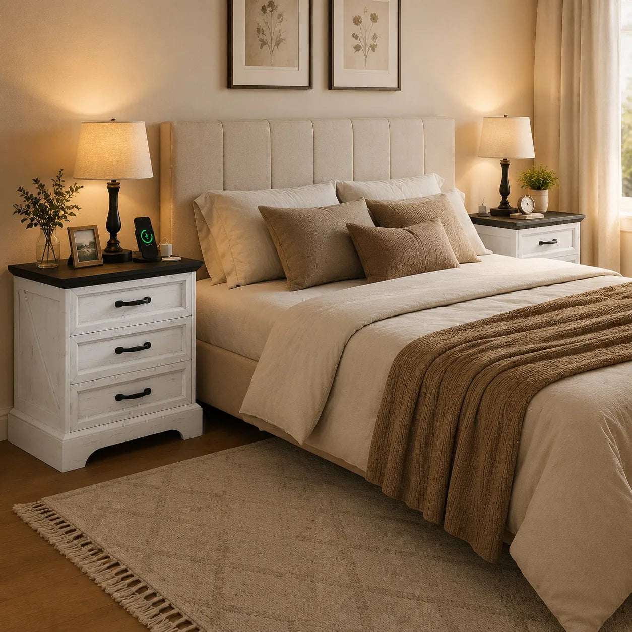 Farmhouse Nightstand With Charging Station And Three Wooden Drawers