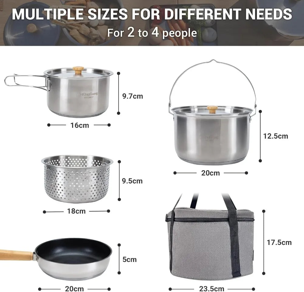 304 Stainless Steel Camping Cookware Set For Four To Six People With Tote